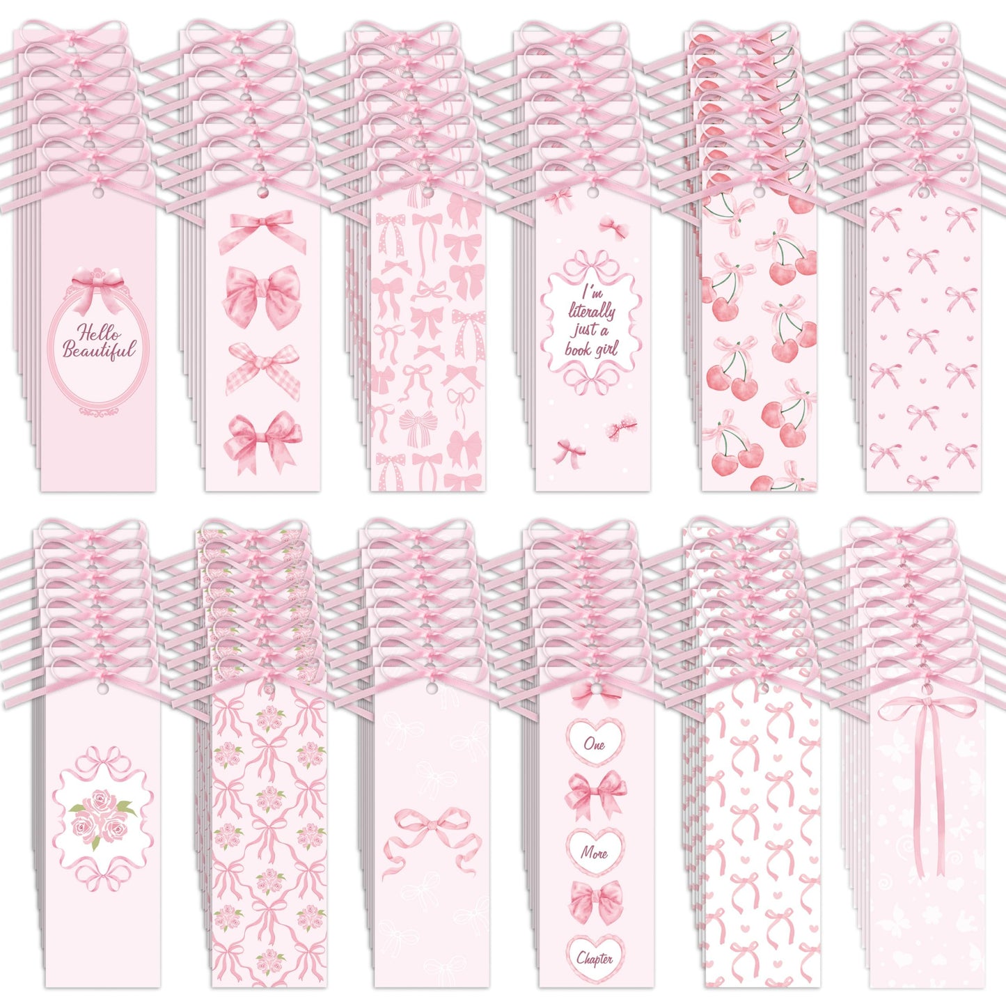 COcnny Pink Bow Bookmarks for Women - Bow Bookmark Bulk for Reading Lovers Gift, Cute Cheery Double Sided Book Mark with Ribbon for Teacher Student Classroom Library Supplies (120pcs)