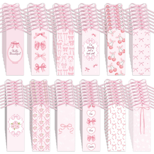 COcnny Pink Bow Bookmarks for Women - Bow Bookmark Bulk for Reading Lovers Gift, Cute Cheery Double Sided Book Mark with Ribbon for Teacher Student Classroom Library Supplies (120pcs)