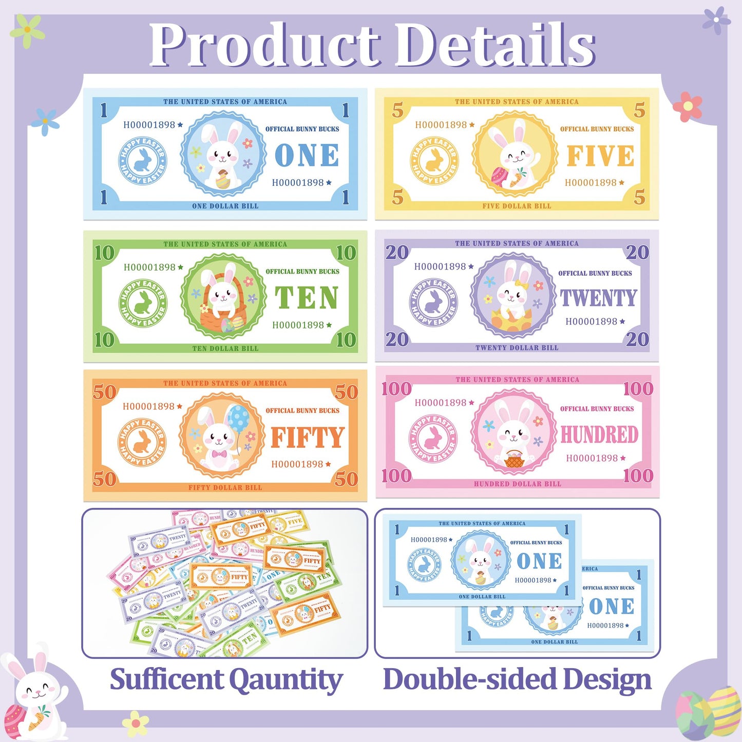 COcnny Easter Play Bucks for Game - 600pcs Hunt Bunny Bank Paper Money for Pretend Play Cashier, Spring Egg Theme Fake Bucks for Refill Packs School Home Reward Prop Supplies