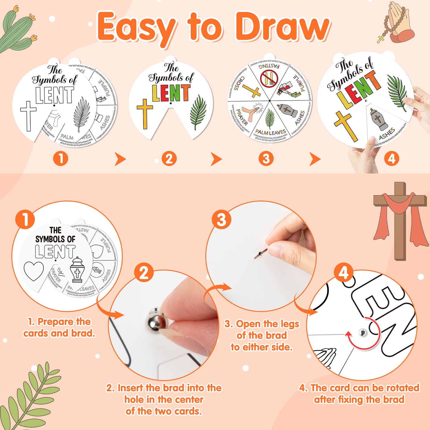 COcnny Lent Coloring Craft Kit - 24 Sets DIY Color Your Own Christian Religious Art Craft Wheel Cards, The Symbols of Lent Paper for Church Fasting Sunday School Home Bible VBS Activities