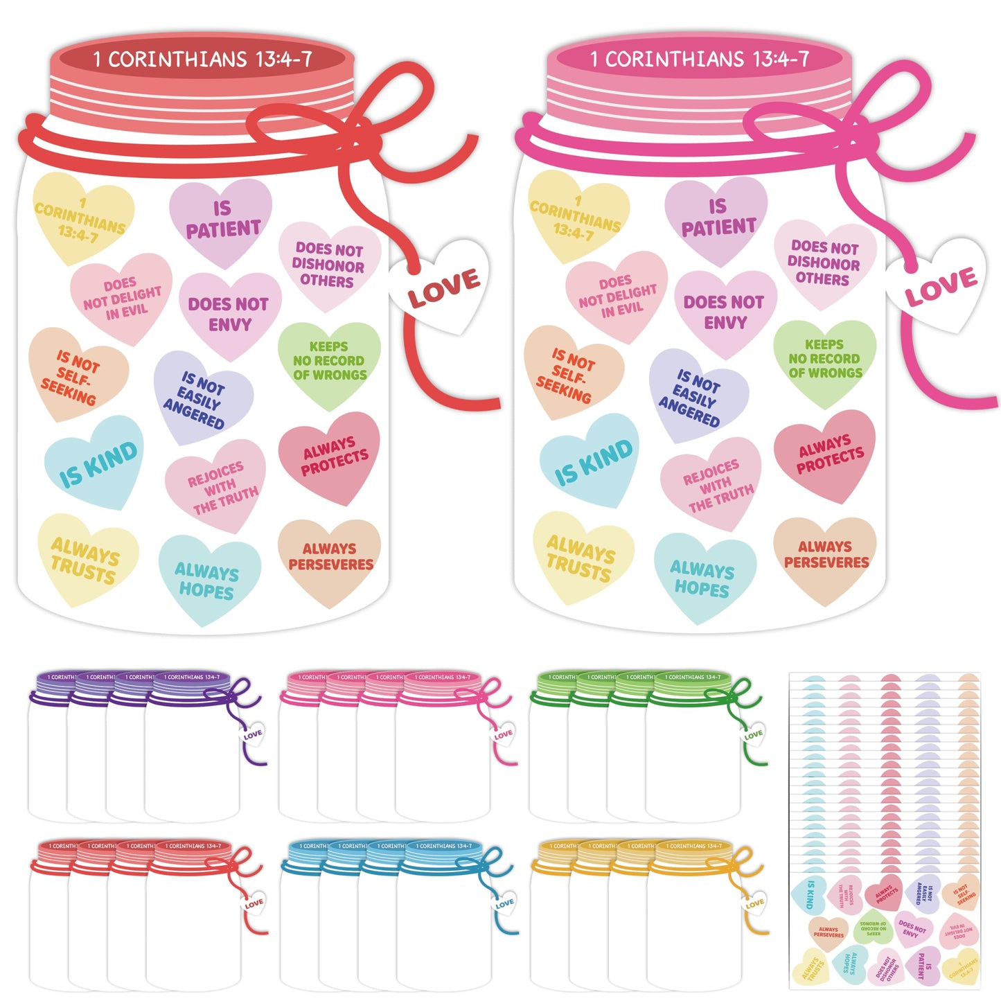 COcnny 24 Set Valentine’s Day Love Candy Jar Craft Kit for Kids, Make Your Own Heart Decor Craft, DIY 1 Corinthians 13:4-7 Religious Sweet Sticker Paper Art for Sunny School Classroom Fun Activity