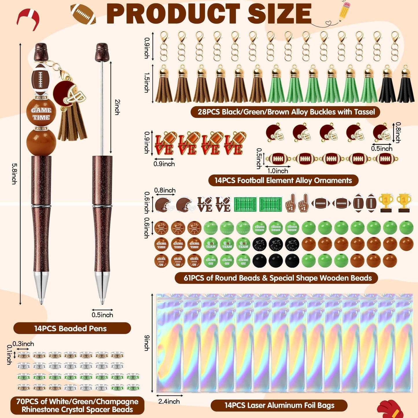 COcnny Football Beadable Pens Set - 14 Set Autumn Rugby DIY Ballpoint Pen Making Kit with Bead Craft, Sport Party Beaded Bulk Charm Tassel Supplies for Women School Students Office Gift