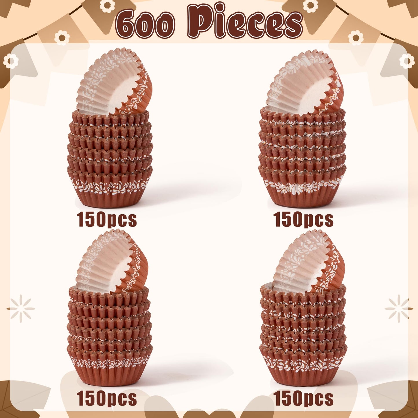 COcnny Cielito Lindo Cupcake Liners - 600pcs Mexican Mini Cupcake Paper Liners, Flower Baking Cups Muffin Wrappers, White Brown Candy Cake Chocolate Wrap Making Supplies for Party Mexico (4 Styles)