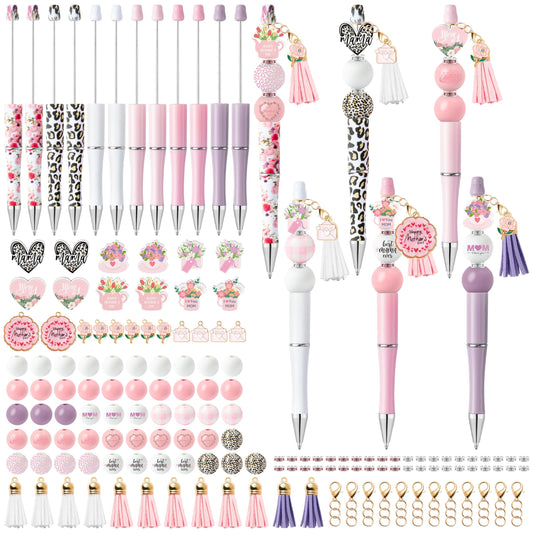 COcnny Mothers Day Beadable Pens - 12 Set Floral DIY Ballpoint Pen Making Kit with Bead Craft, Mother’s Day Party Flower Beaded Pen Bulk Charm Tassel Supplies for Women School Students Gift