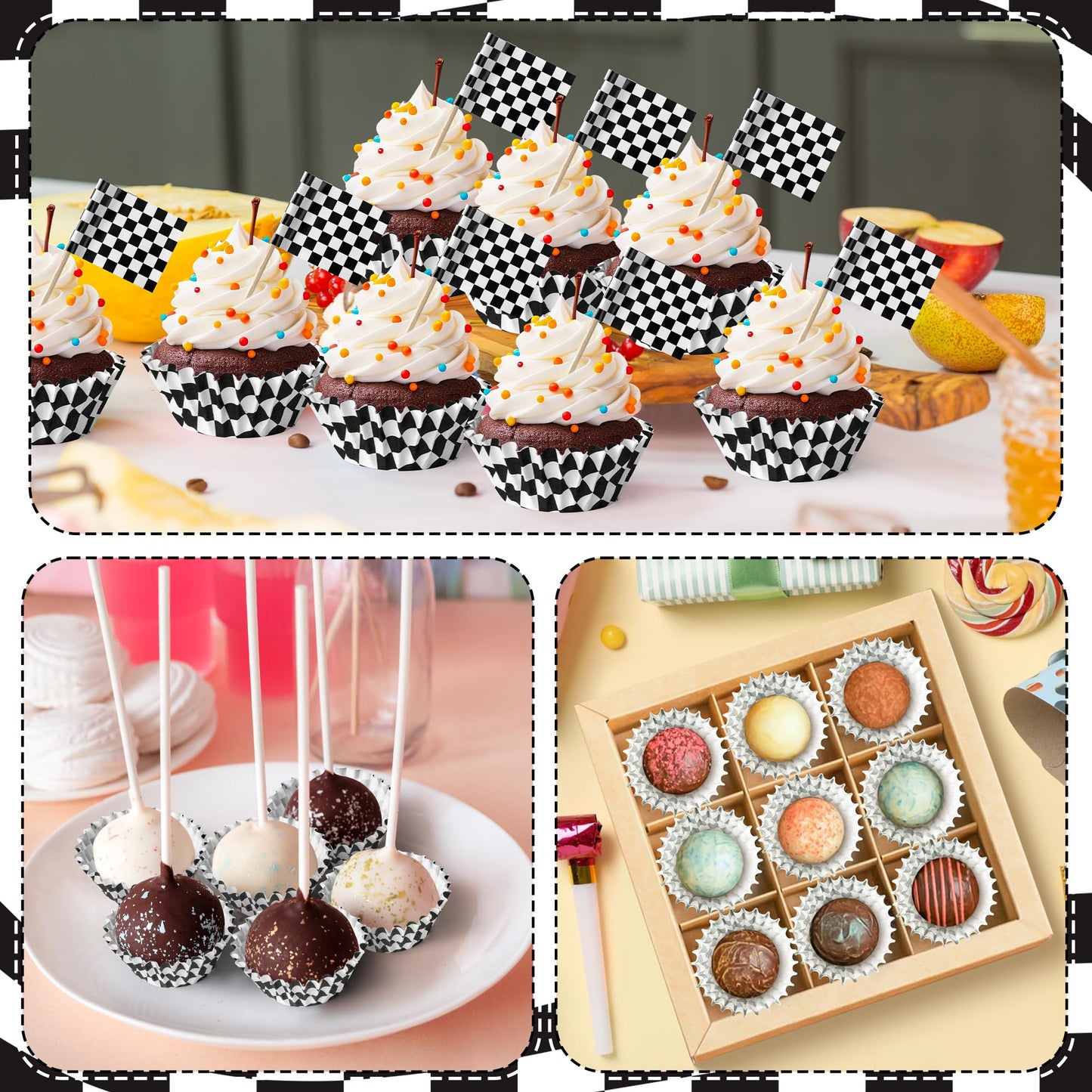 COcnny Checkered Mini Cupcake Liner - 200pcs Race Car Muffin Cake Baking Cups with 200pcs Flag Cupcake Toppers, Black and White Racing Cars Candy Wrap Making Supplies for Birthday Party Decorations