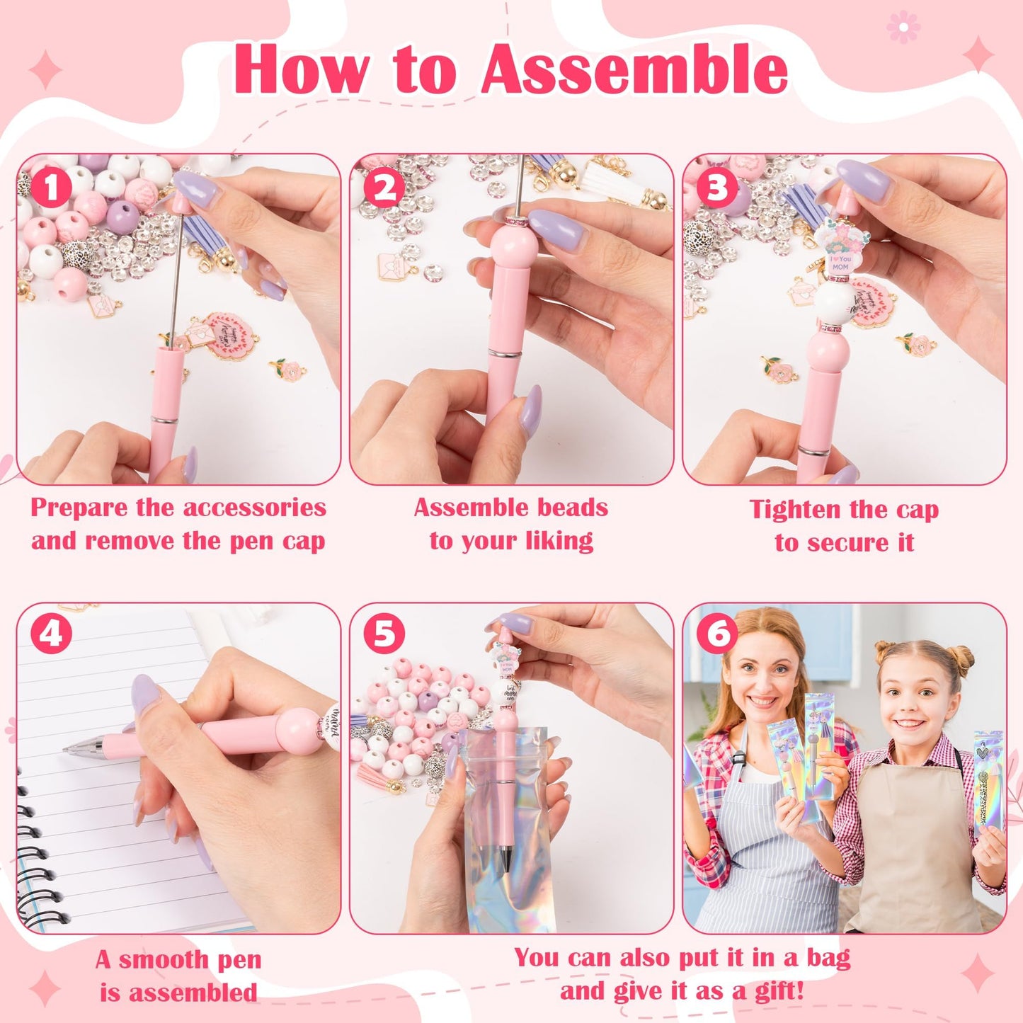 COcnny Mothers Day Beadable Pens - 12 Set Floral DIY Ballpoint Pen Making Kit with Bead Craft, Mother’s Day Party Flower Beaded Pen Bulk Charm Tassel Supplies for Women School Students Gift