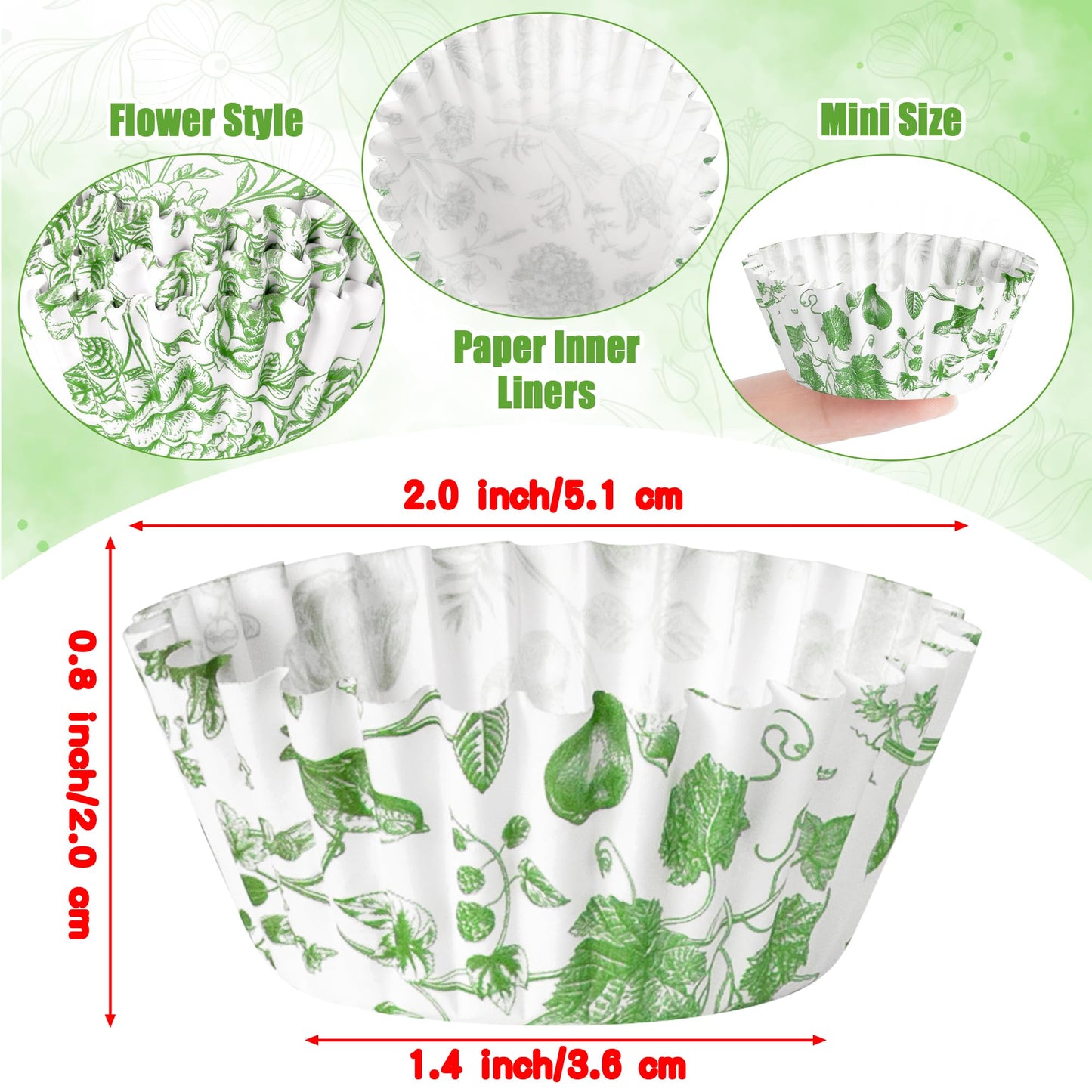 COcnny Greenery Mini Cupcake Liners - 600pcs Sage Green Flower Baking Cups Muffin Paper Cupcakes Wrappers for Birthday, Candy Cake Chocolate Wrap Making Supplies for Baby Shower Birthday (10 Styles)