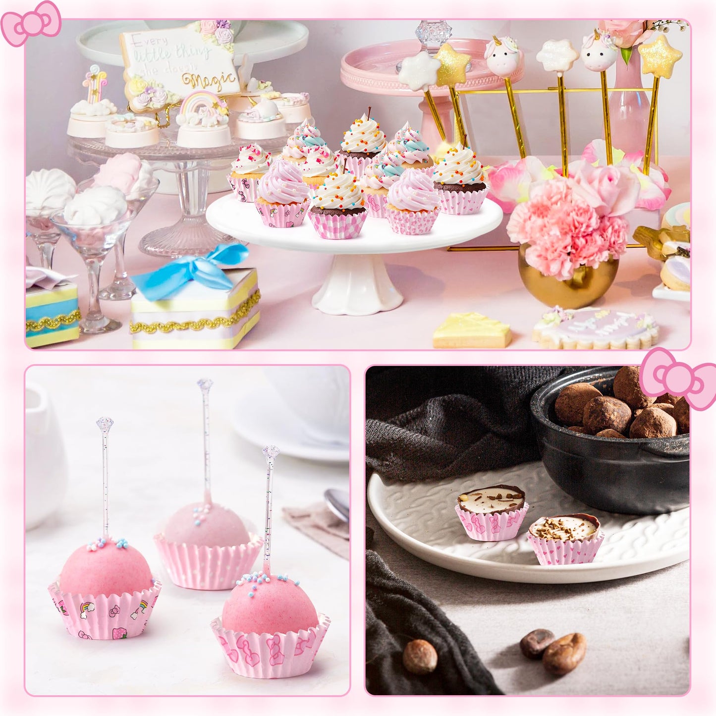 COcnny Pink Mini Cupcake Liners - 600pcs Pink Bow Baking Cups Muffin Paper Cupcakes Wrappers for Birthday, Cute Cat Candy Cake Chocolate Wrap Making Supplies for Baby Shower Wedding Bachelorette Party