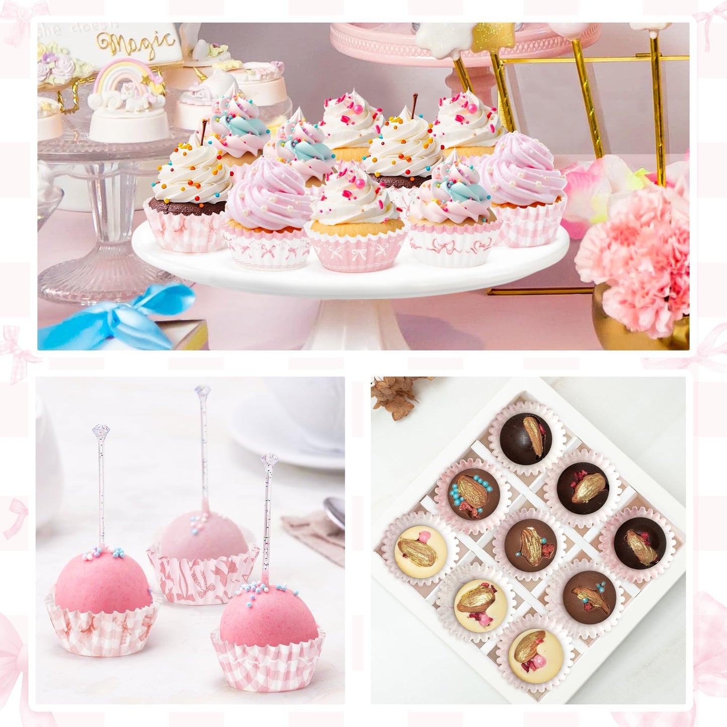 COcnny Bow Mini Cupcake Liners - 600pcs Pink Bowknot Baking Cups Muffin Paper Cupcakes Wrappers for Birthday, Candy Cake Chocolate Wrap Making Supplies for Baby Shower Wedding Bachelorette Party