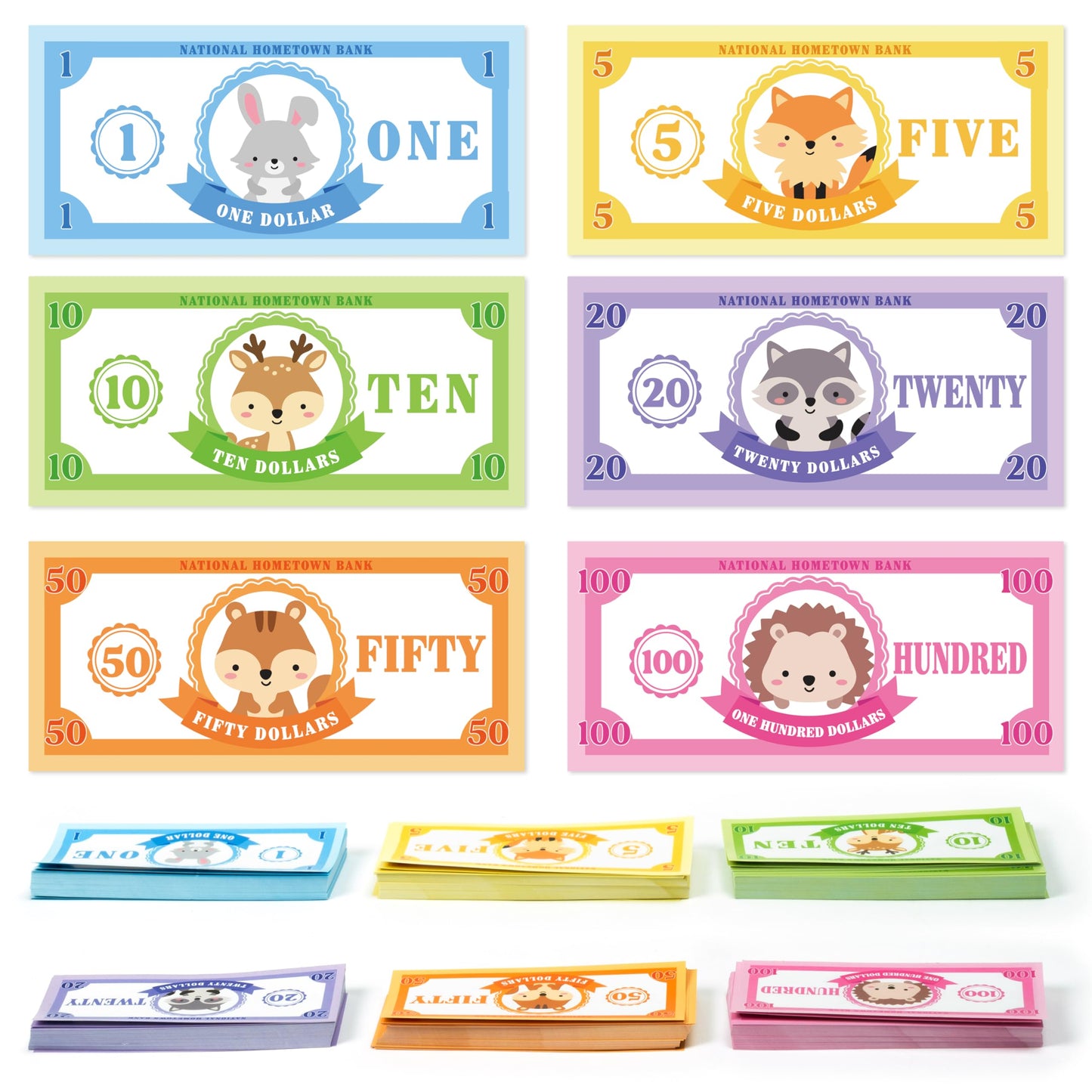 COcnny Woodland Play Bucks for Game - 600pcs Woodland Animal Paper Money for Pretend Play Cashier, Rabbit Fox Spring Theme Fake Bucks for Refill Packs School Educational Home Reward Prop Supplies