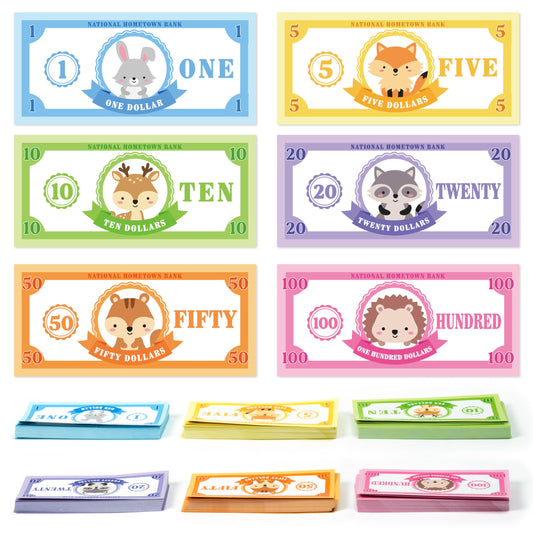COcnny Woodland Play Bucks for Game - 600pcs Woodland Animal Paper Money for Pretend Play Cashier, Rabbit Fox Spring Theme Fake Bucks for Refill Packs School Educational Home Reward Prop Supplies