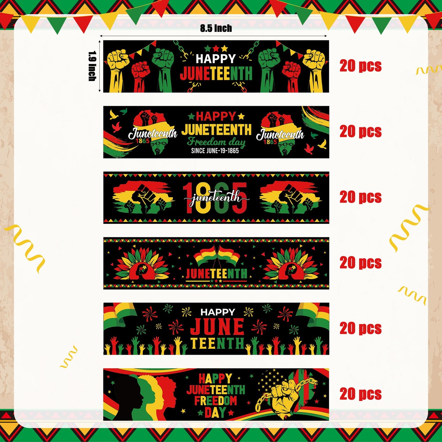 COcnny Juneteenth Water Bottle Label - 120pcs Happy Juneteenth Party Decorations Stickers Africa American Supplies, June 19th 1865 Bottle Wrappers Sticker Decor for Freedom Day Patriotic Celebration
