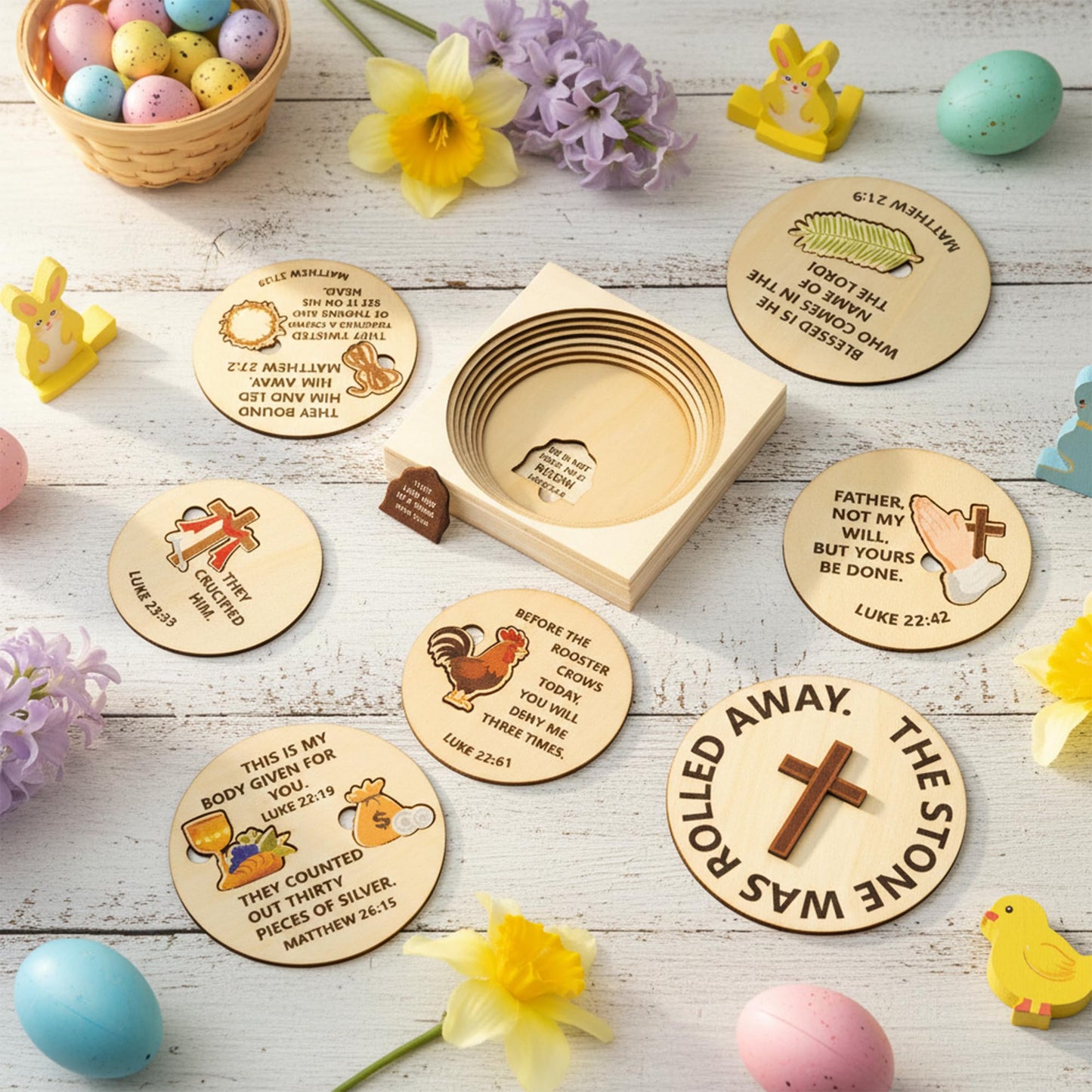 COcnny Easter Story Wooden Puzzle - 8pcs Jesus Story Wood Jigsaw Puzzle Box with Matching Bible, Religious Christian Gift for Sunday School Classroom Game Home Easter Basket Fillers Church Supplies