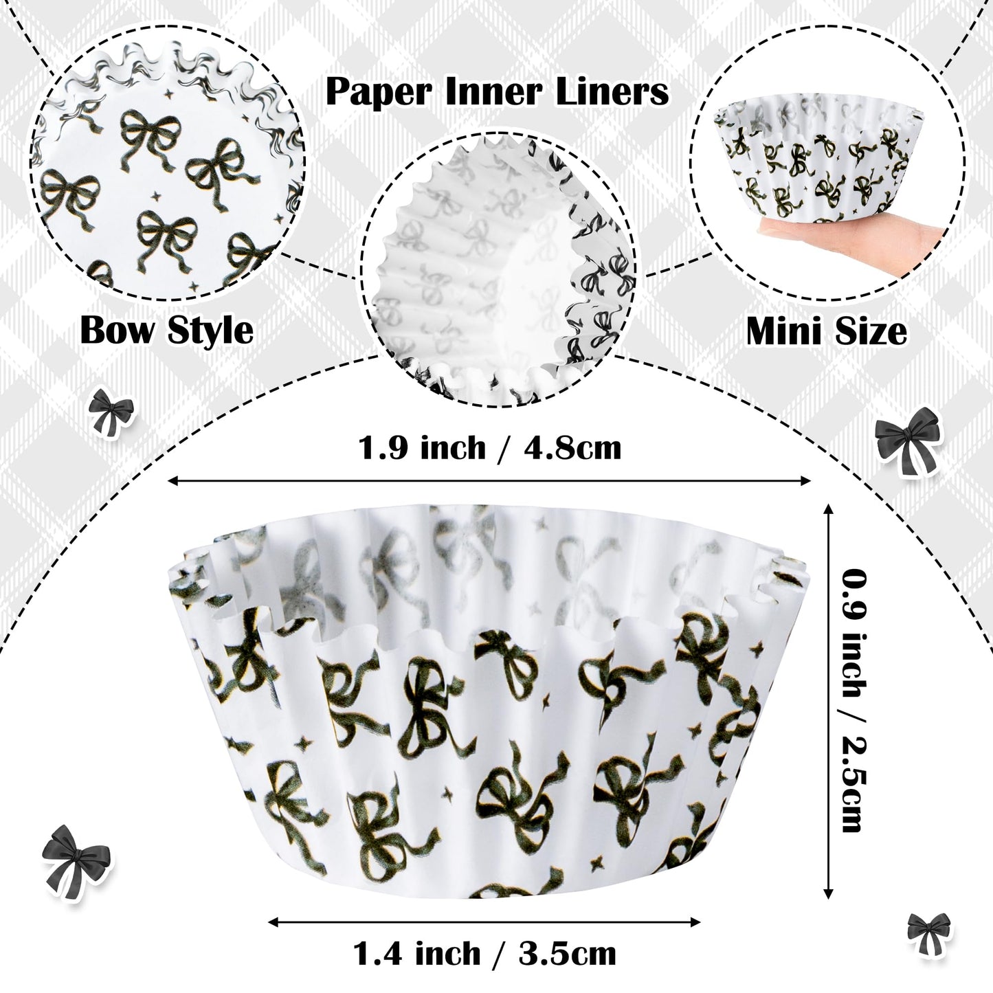 COcnny Bow Mini Cupcake Liners - 300pcs Black Bowknot Baking Cups Muffin Paper Cupcakes Wrappers for Birthday Party, Candy Cake Chocolate Wrap Making Supplies for Baby Shower Wedding Bridal Shower