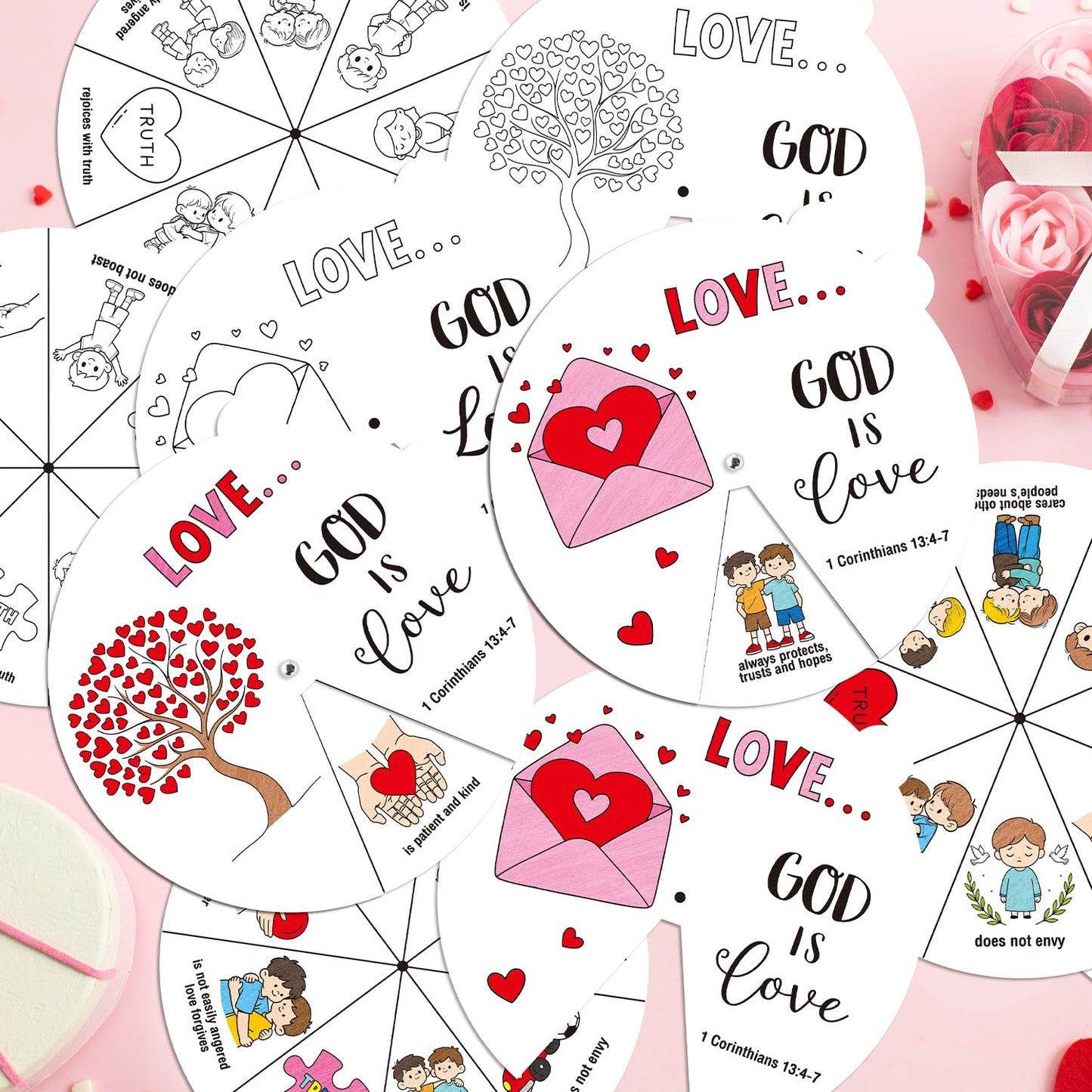 COcnny Christian Coloring Craft for Kids - 24 Set Color Your Own Love Religious Art Cards, DIY Sweet God Bible Wheel Paper for Church Sunday School Classroom VBS Activities
