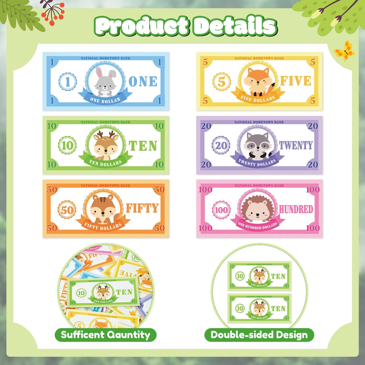 COcnny Woodland Play Bucks for Game - 600pcs Woodland Animal Paper Money for Pretend Play Cashier, Rabbit Fox Spring Theme Fake Bucks for Refill Packs School Educational Home Reward Prop Supplies