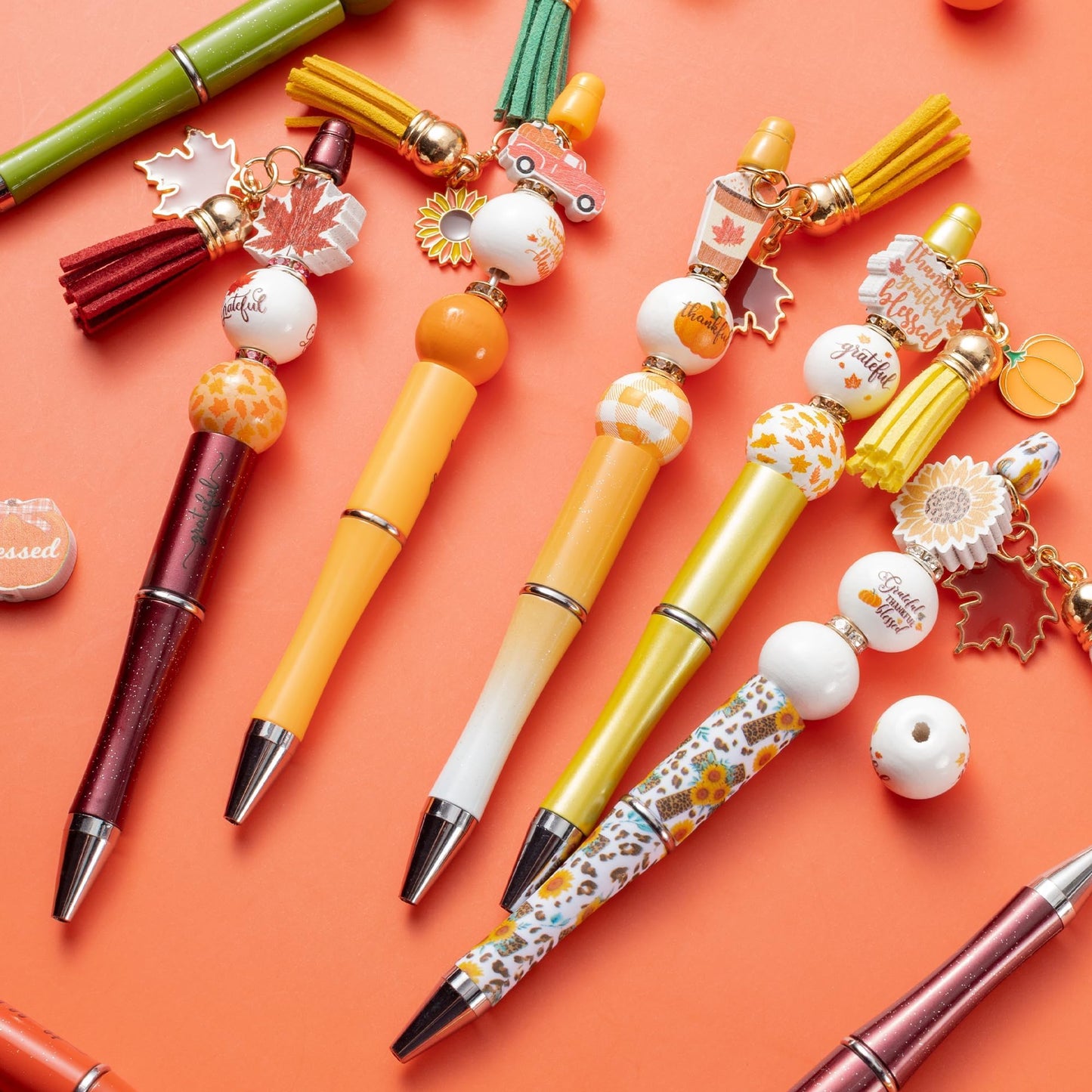 COcnny Fall Religious Beadable Pens - 14 Set Autumn DIY Ballpoint Pen Making Kit with Bead Craft, Thanksgiving Beaded Pen Bulk Charm Tassel Supplies for Party Women School Students Gift