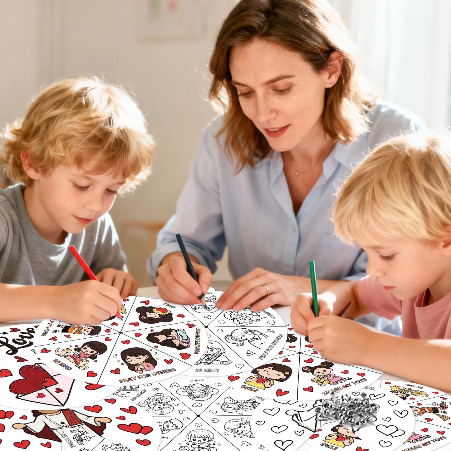 COcnny Valentine’s Day Christian Coloring Craft for Kids - 24 Sets Color Your Own Valentines Religious Art Cards, DIY Sweet Jesus Bible Wheel Paper for Church Sunday School Classroom Class Activities