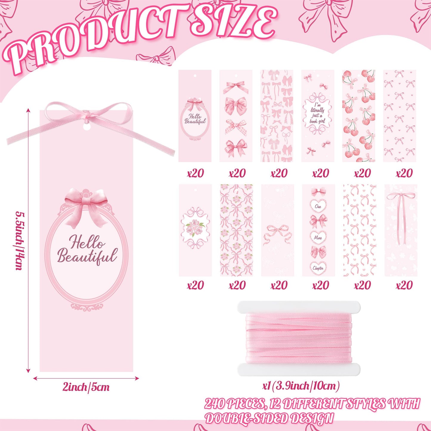 COcnny Pink Bow Bookmarks for Women - Bow Bookmark Bulk for Reading Lovers Gift, Cute Cheery Double Sided Book Mark with Ribbon for Teacher Student Classroom Library Supplies (240pcs)