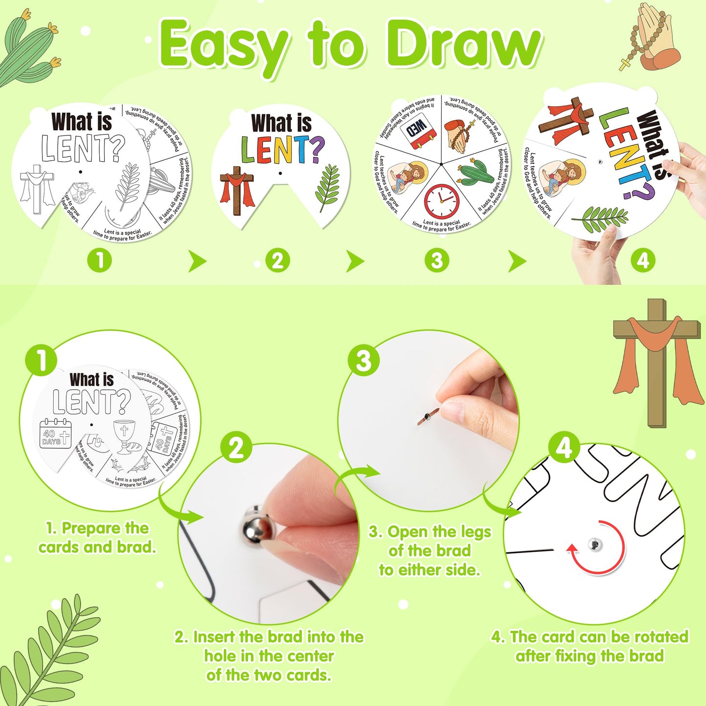 COcnny Lent Coloring Craft Kit - 24 Sets DIY Color Your Own Religious Christian Art Craft Wheel Cards, What is Lent Paper for Church Fasting Sunday School Home Class Bible VBS Activities