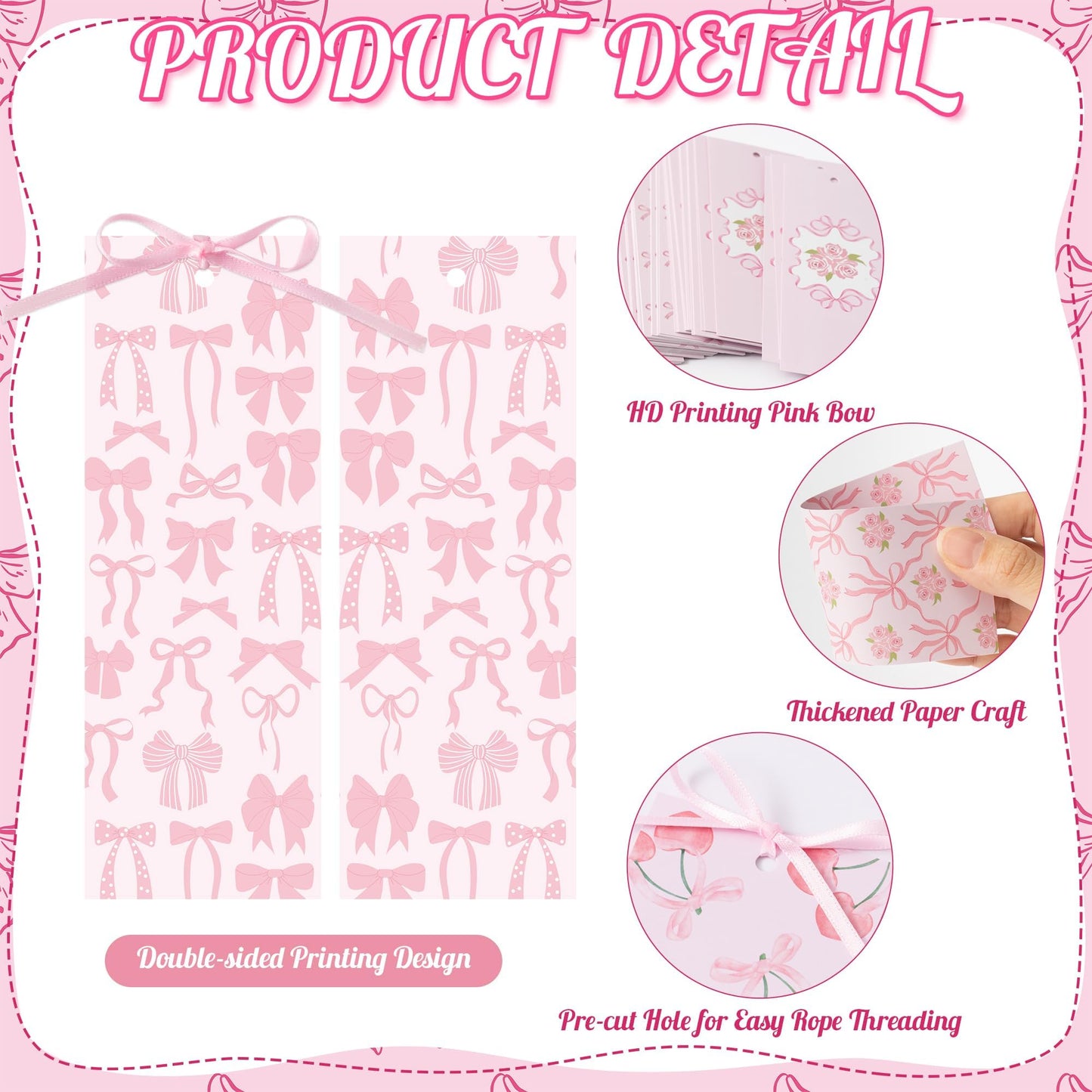 COcnny Pink Bow Bookmarks for Women - Bow Bookmark Bulk for Reading Lovers Gift, Cute Cheery Double Sided Book Mark with Ribbon for Teacher Student Classroom Library Supplies (120pcs)