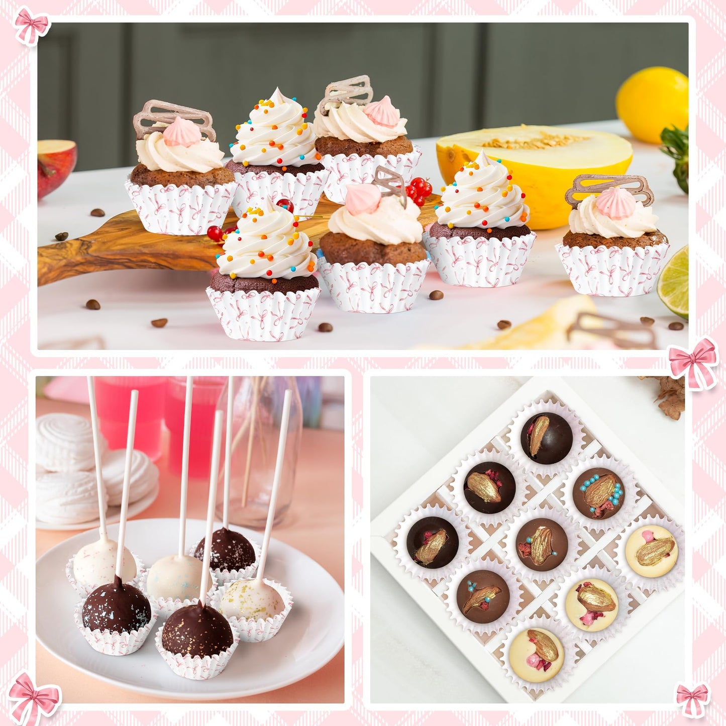 COcnny Bow Mini Cupcake Liners - 300pcs Pink Bowknot Baking Cups Muffin Paper Cupcakes Wrappers for Birthday, Candy Cake Chocolate Wrap Making Supplies for Baby Shower Wedding Bachelorette Party