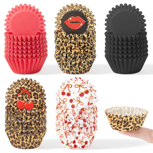 COcnny Cheetah Mini Cupcake Liners - 600pcs Sweet Cherry Baking Cups Muffin Cupcakes Wrappers, Leopard Candy Cake Chocolate Paper Wrap Making Supplies for Valentine’s Day Party Birthday (5 Styles)