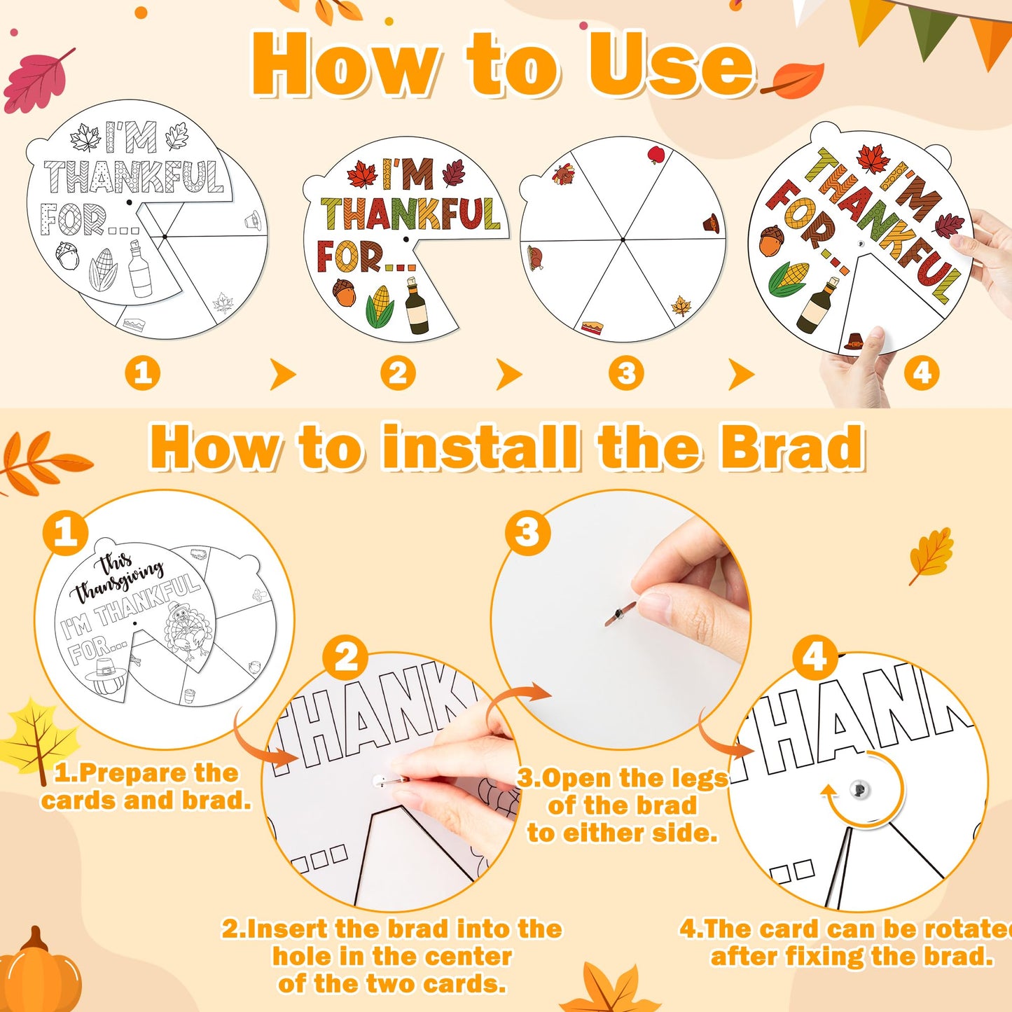 COcnny Fall Thanksgiving Coloring Craft- 24 Sets Color Your Own Thankful Art Craft DIY Wheel Cards, Autumn Turkey Pumpkin Blank Paper Art for Sunday School Home Class Activities