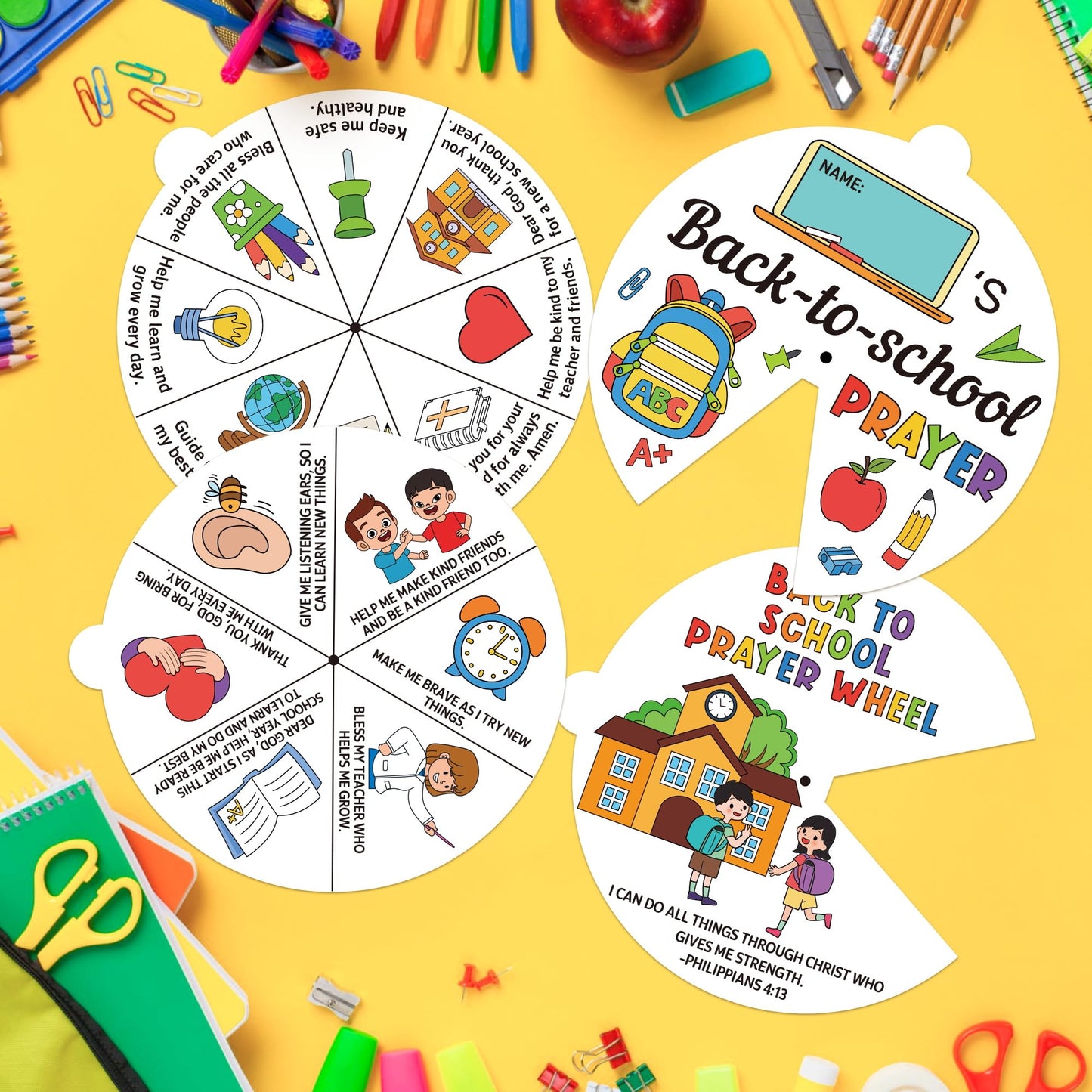 COcnny Back to School Craft- 24 Sets Color Your Own Prayer Art Craft DIY Wheel Cards, Religious Bible Coloring Craft Art for Sunday School Home Class Preschool Activities