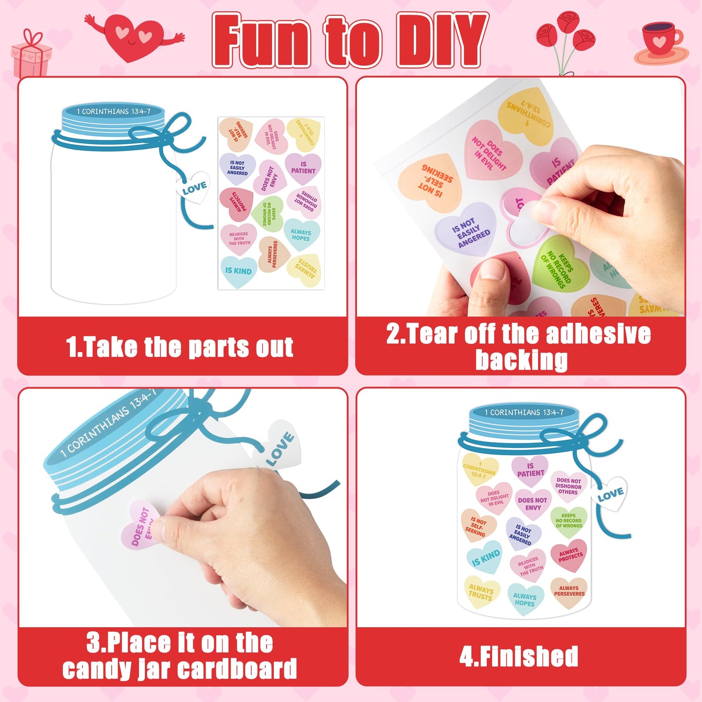 COcnny 24 Set Valentine’s Day Love Candy Jar Craft Kit for Kids, Make Your Own Heart Decor Craft, DIY 1 Corinthians 13:4-7 Religious Sweet Sticker Paper Art for Sunny School Classroom Fun Activity