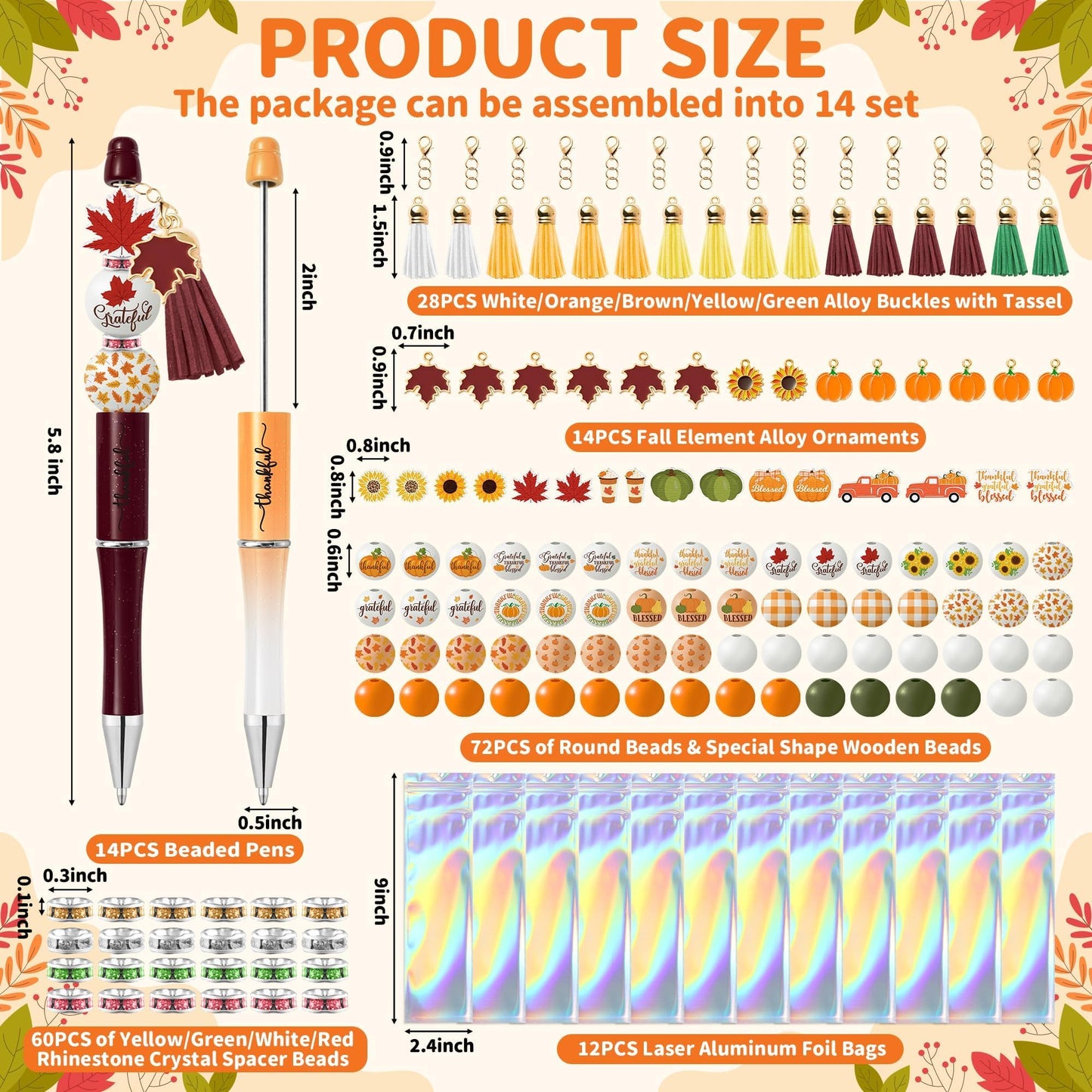 COcnny Fall Religious Beadable Pens - 14 Set Autumn DIY Ballpoint Pen Making Kit with Bead Craft, Thanksgiving Beaded Pen Bulk Charm Tassel Supplies for Party Women School Students Gift