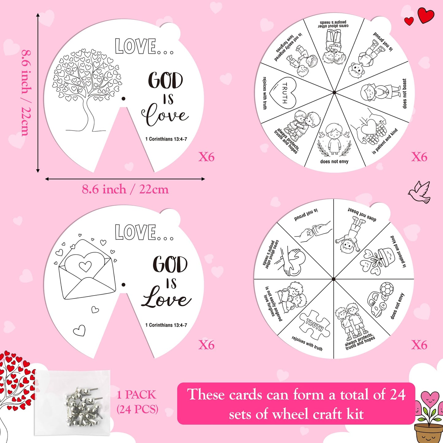 COcnny Christian Coloring Craft for Kids - 24 Set Color Your Own Love Religious Art Cards, DIY Sweet God Bible Wheel Paper for Church Sunday School Classroom VBS Activities