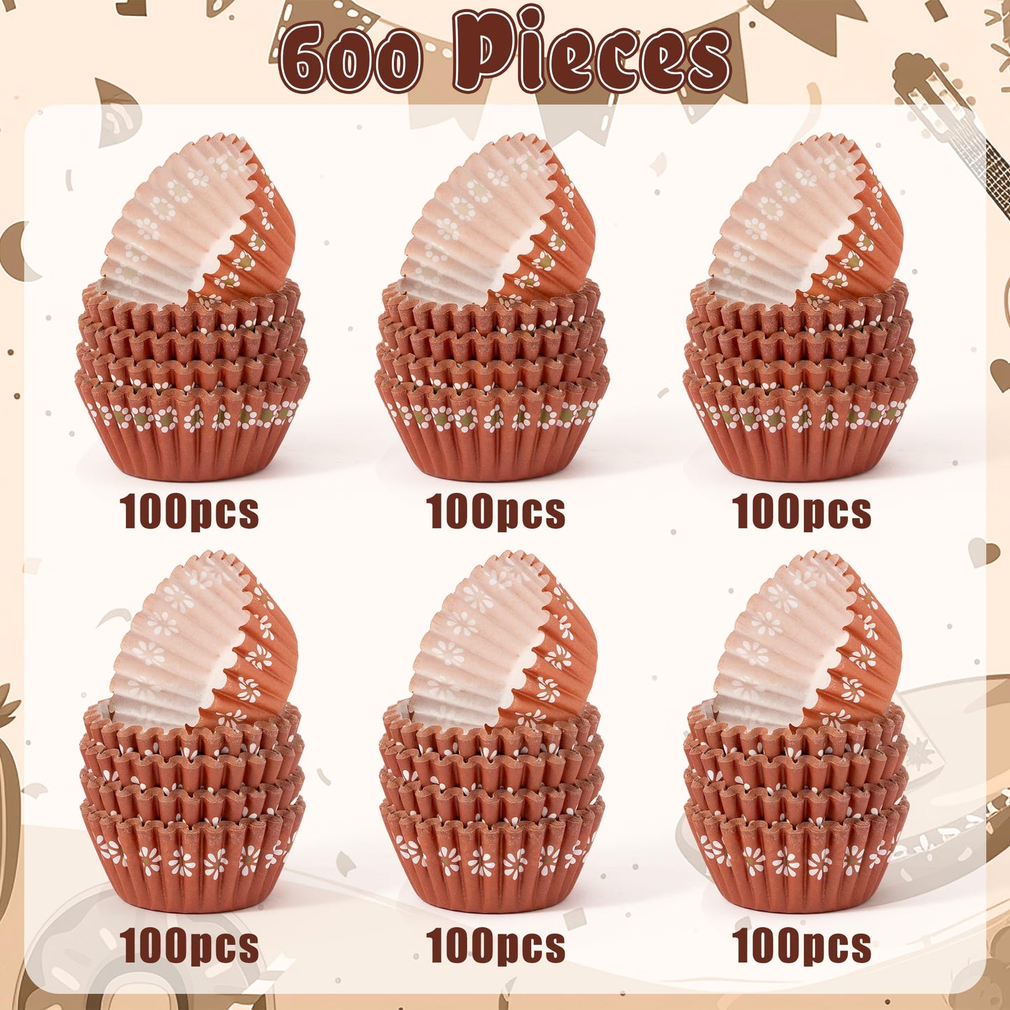 COcnny Cielito Lindo Cupcake Liners - 600pcs Mexican Mini Cupcake Paper Liners, Flower Baking Cups Muffin Wrappers, White Brown Candy Cake Chocolate Wrap Making Supplies for Party Mexico (6 Styles)
