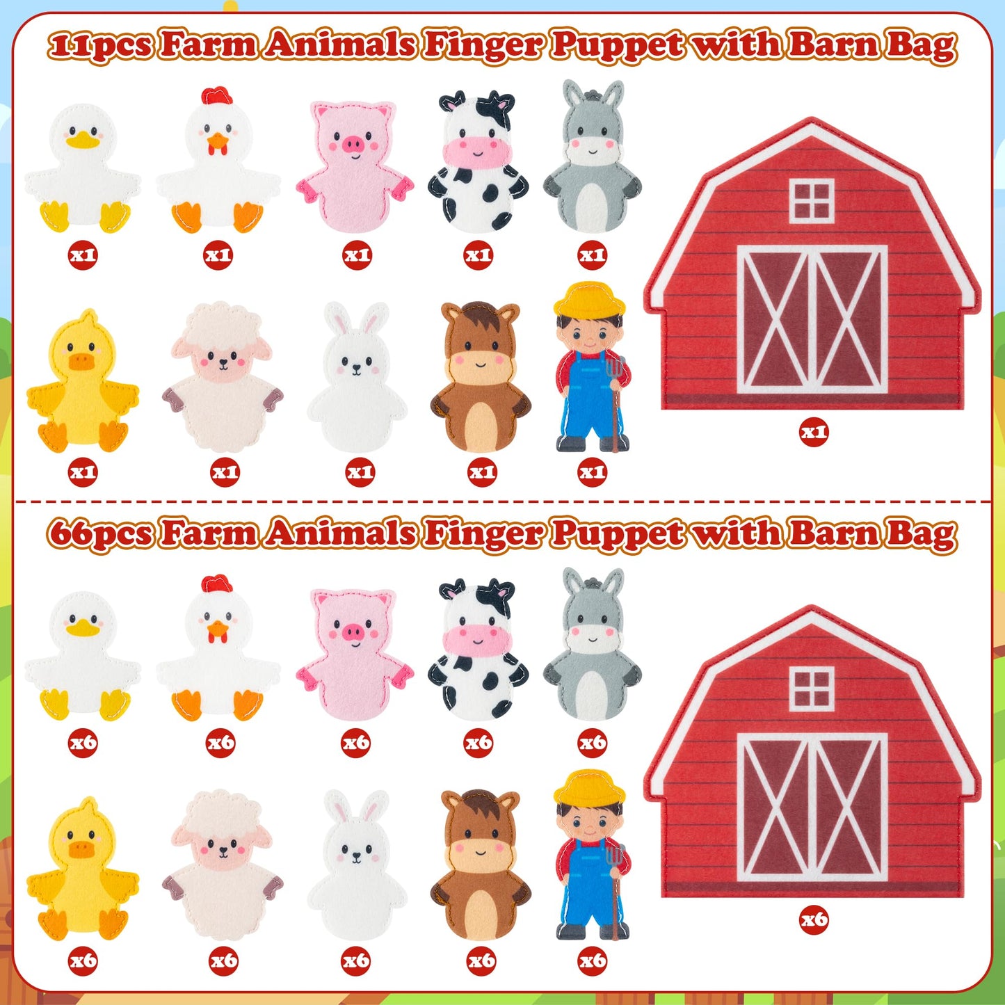 COcnny Farm Animal Finger Puppets - 66pcs Farm Felt Finger Puppet with 6pcs Barn Bag Set Making Crafts Kit for Kids, Make Your Own Story Telling Role Play Toys for Boys Girls Toddles Ages 3 4-8
