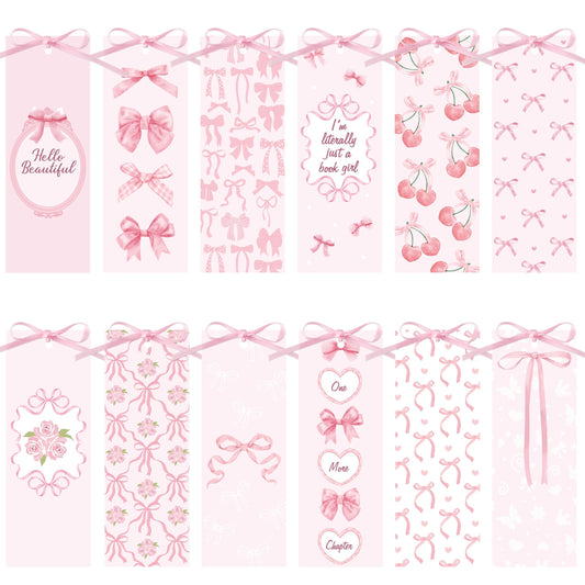COcnny Pink Bow Bookmarks for Women - Bow Bookmark Bulk for Reading Lovers Gift, Cute Cheery Double Sided Book Mark with Ribbon for Teacher Student Classroom Library Supplies (240pcs)