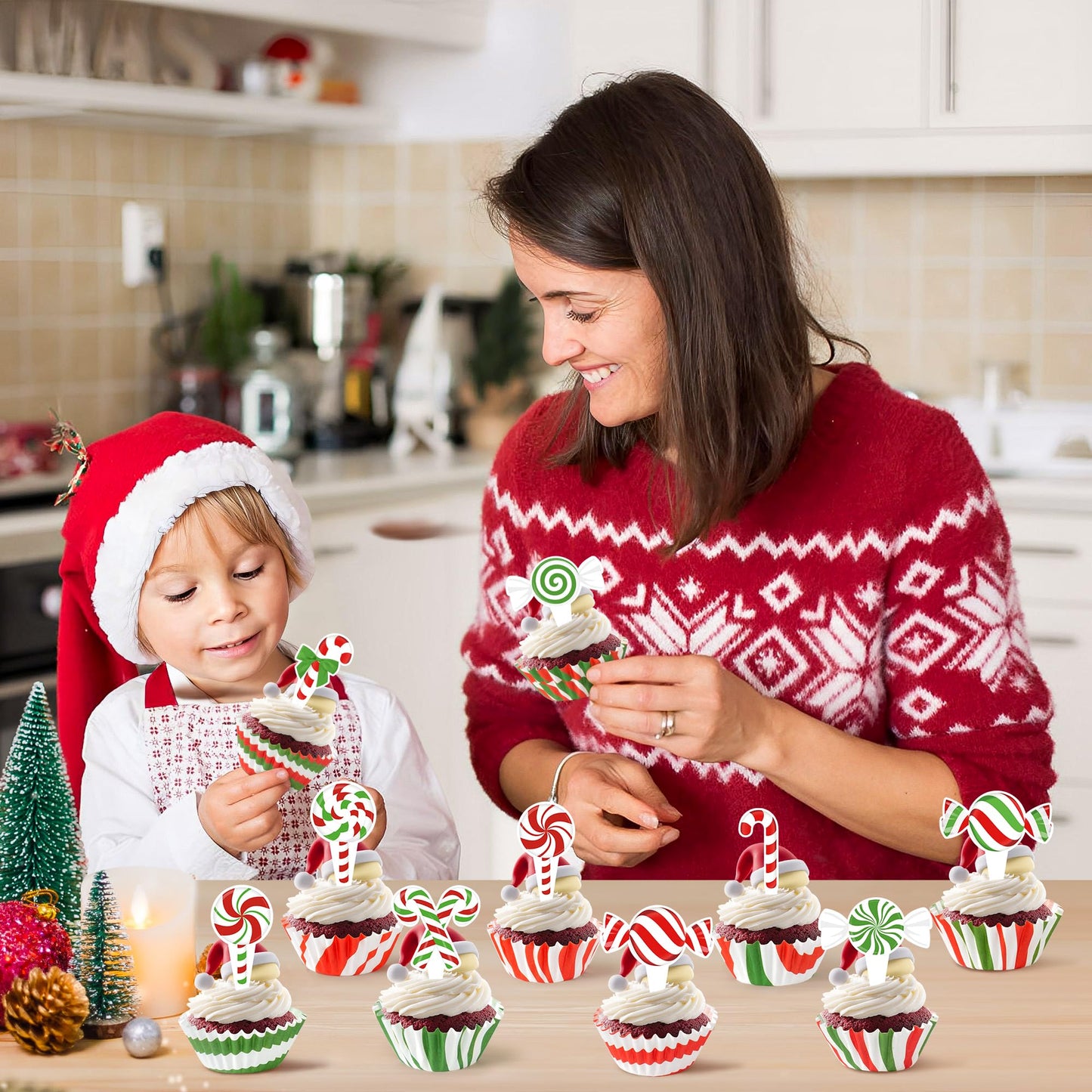 COcnny Christmas Mini Cupcake Liners - 300pcs Candy Small Muffin Cake Baking Cups with 300pcs Cupcake Toppers, Colorful Candies Cake Chocolate Wrap Making Supplies for Xmas Eve Birthday (10 Styles)