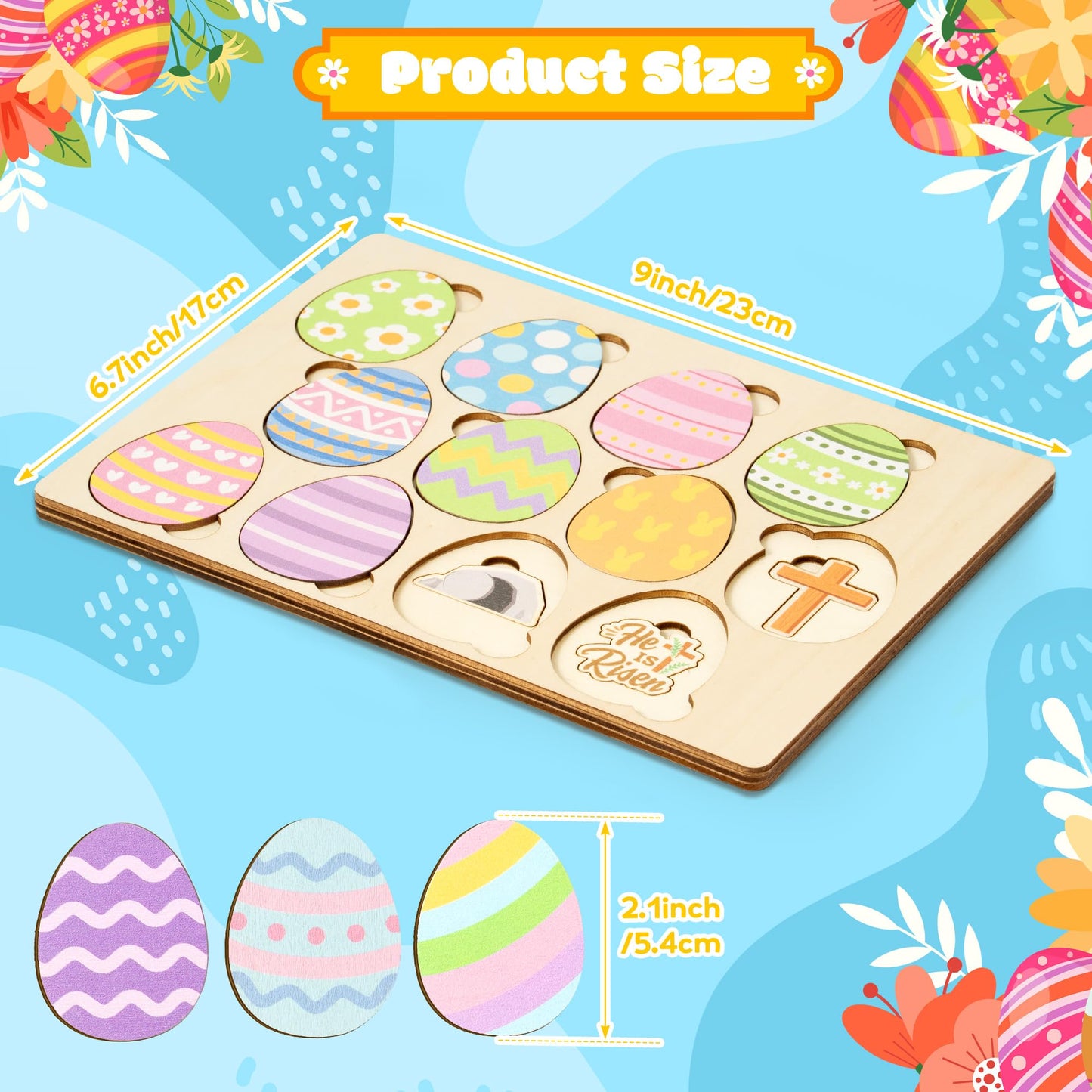 COcnny Easter Story Wooden Puzzle - 12pcs Wood Eggs 2D Jigsaw Puzzle Set, Religious Jesus Story Christian Gift for Sunday School Classroom Game Supplies Home Easter Basket Fillers