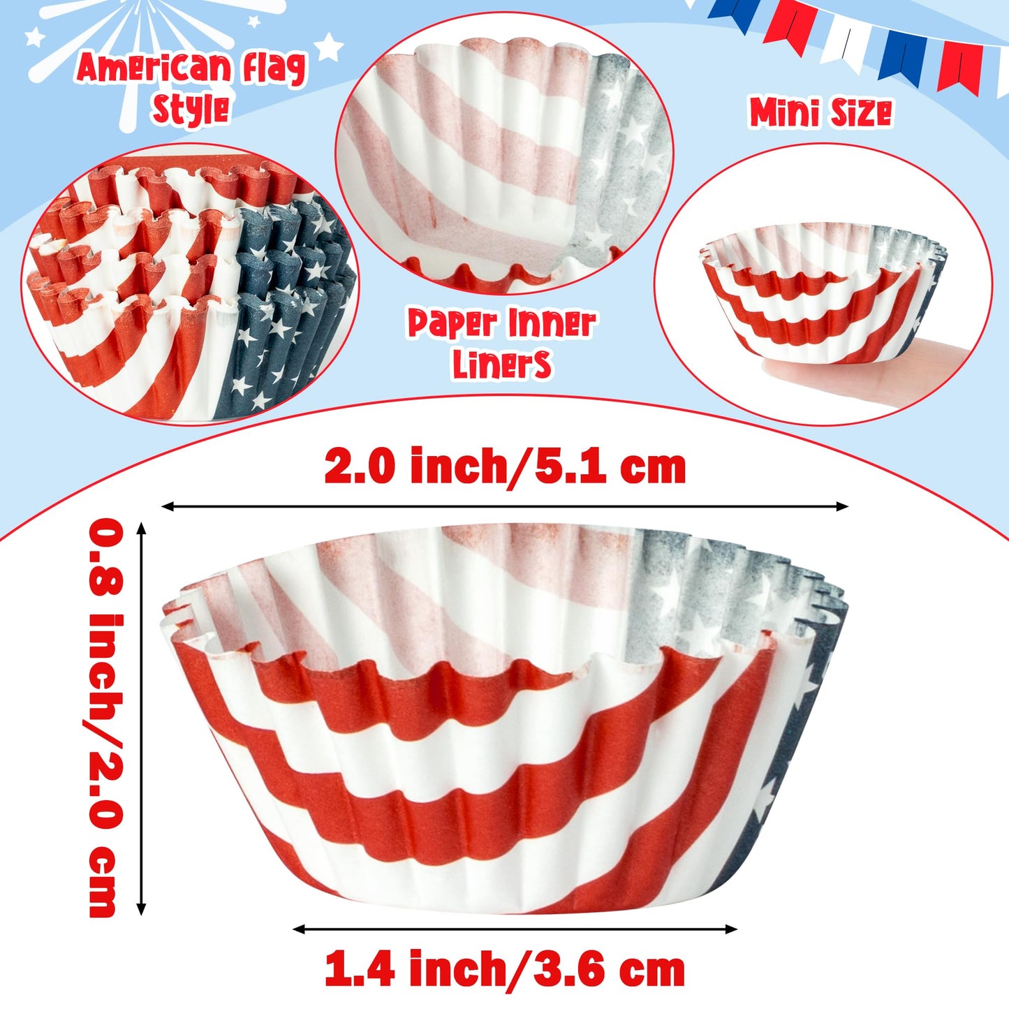 COcnny America Mini Cupcake Liners - 600pcs 4th of July Foil Baking Cups Muffin Paper Cupcakes Wrappers for Patriotic Holiday Party, Independence Day Candy Chocolate Wrap Making Supplies (4 Styles)