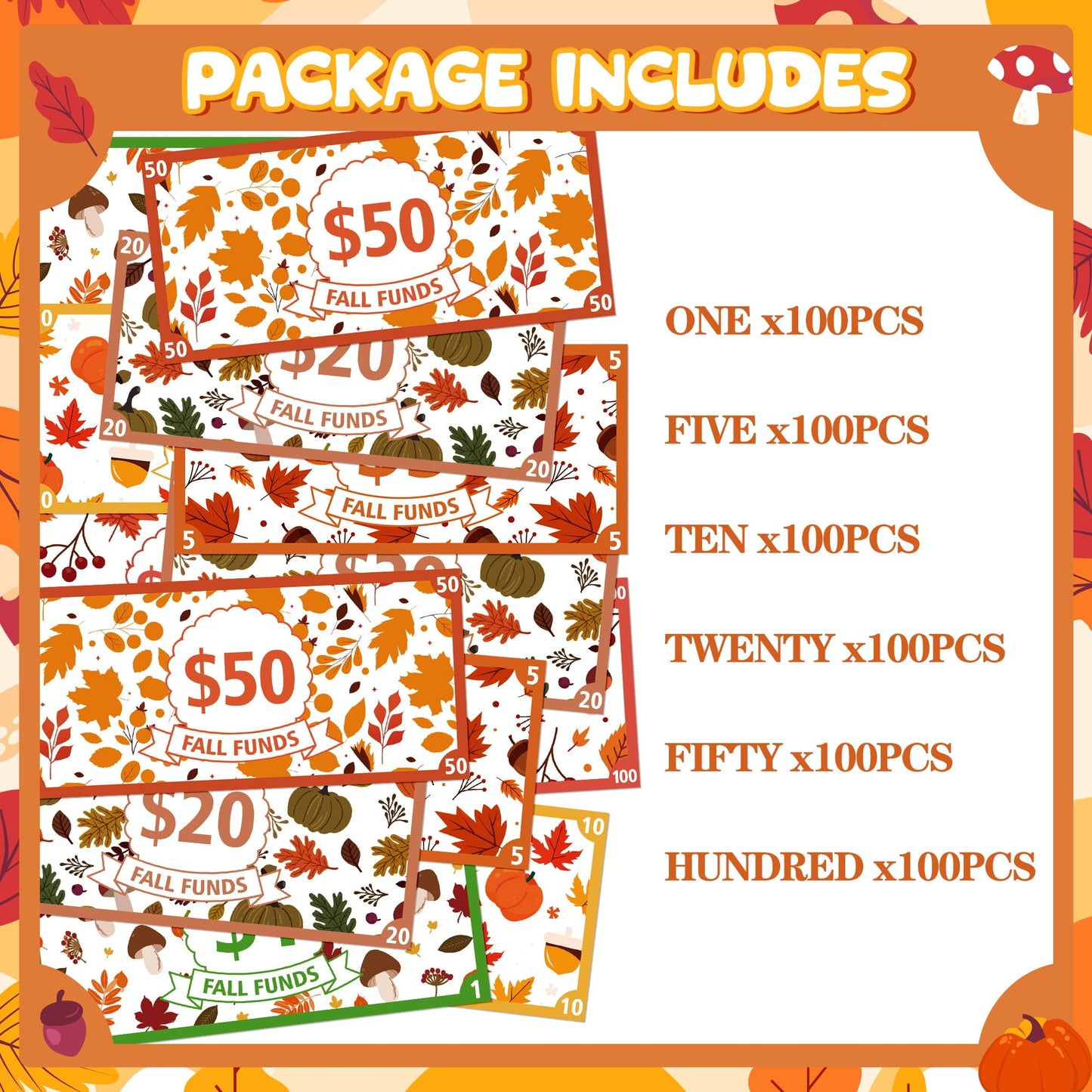 COcnny Fall Play Bucks for Game - 600pcs Maple Leaf Paper Money for Party