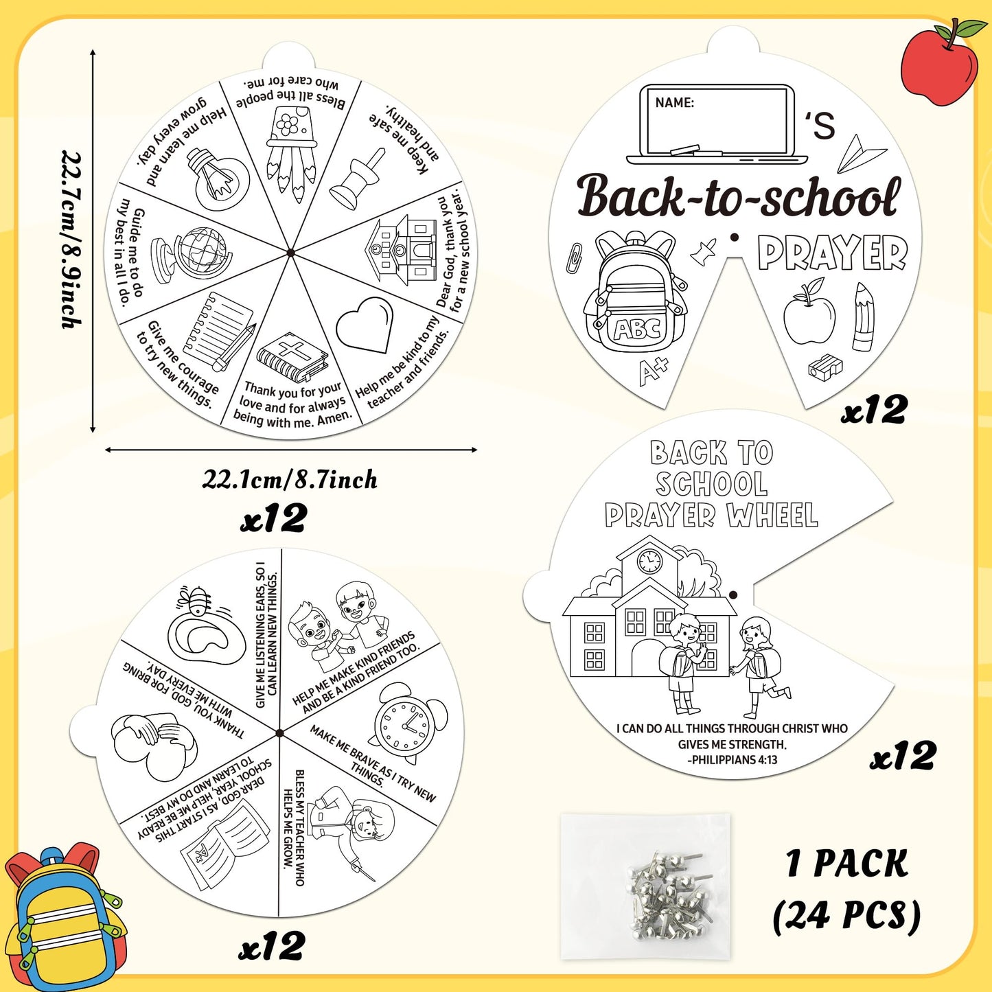 COcnny Back to School Craft- 24 Sets Color Your Own Prayer Art Craft DIY Wheel Cards, Religious Bible Coloring Craft Art for Sunday School Home Class Preschool Activities