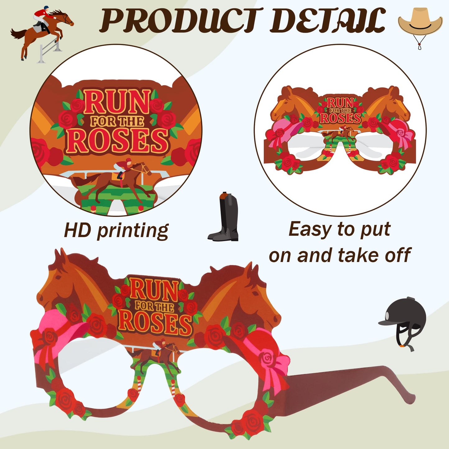 COcnny Derby Day Glasses Decorations - 48pcs Derby Paper Frame Eyeglasses for Horse Racing Competition Party Supplies, Horse Race Sunglasses Photo Props for Birthday Festival Event Celebration Decor