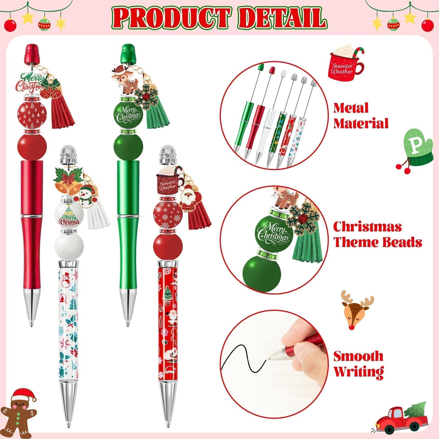 COcnny Christmas Beadable Pens Kits- 24 Set Xmas DIY Ballpoint Craft Making with Bead Craft, Snowman Snowflake Beaded Pen Bulk Charm Tassel Supplies for Holiday Party School Students Gift