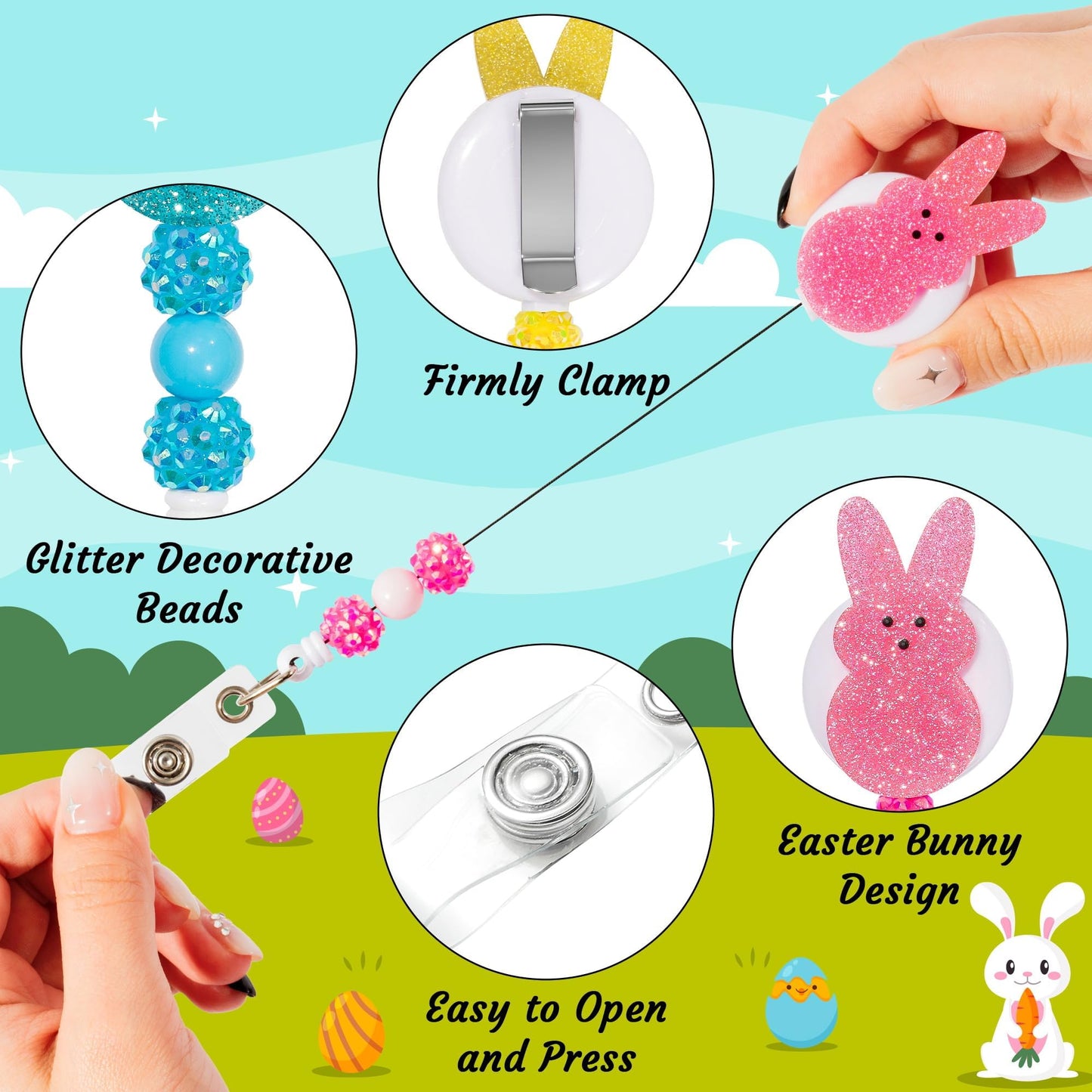COcnny Easter Bunny Badge Reels - 5pcs Peeps Beads Glitter Retractable Acrylic Clips for Student Nurse Gift, Colorful Rabbit Beaded ID Badge Holder for Hospital School Easter Party Holiday Supplies