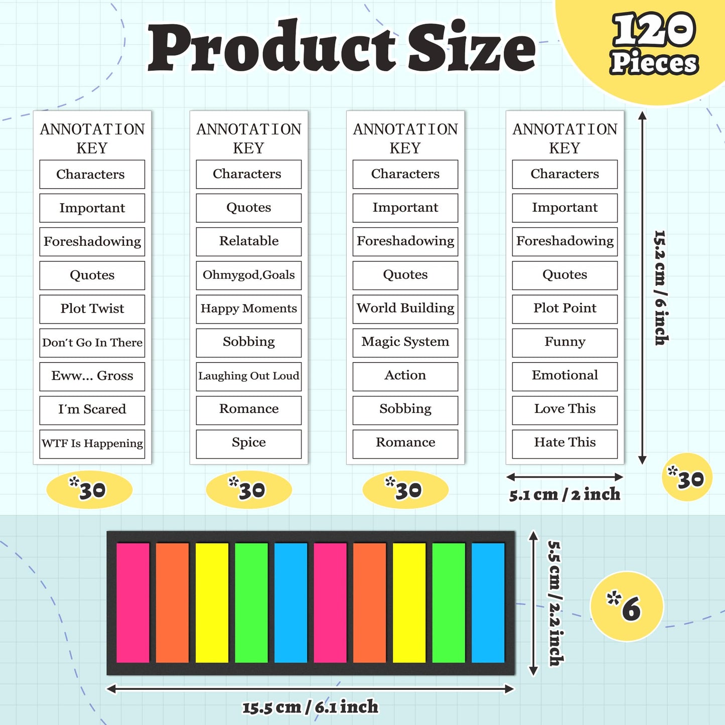 COcnny Annotation Key Bookmark Set - 120pcs Book Tabs Annotating Kit, Annotation Page Index Tabs Marker Supplies, Book Tracker Bookmarks Flags Strip Bulk Records for Teacher Student Classroom Library