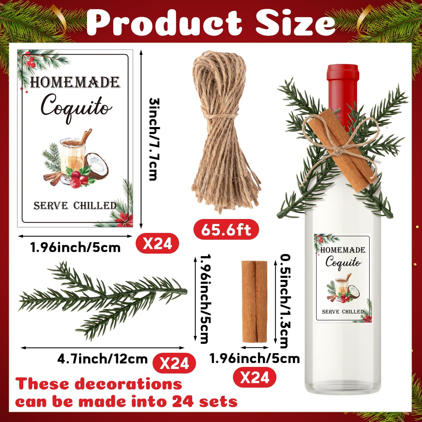 COcnny Coquito Wine Bottle Stickers - 24 Set Christmas Coquito Labels with Pine Branches Cinnamon Decor for Coconut Liqueur Wine Bottle Handmade Sticker for Xmas DIY Craft Holiday Party Supplies