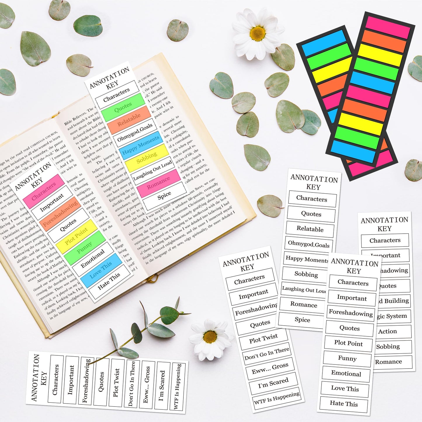 COcnny Annotation Key Bookmark Set - 120pcs Book Tabs Annotating Kit, Annotation Page Index Tabs Marker Supplies, Book Tracker Bookmarks Flags Strip Bulk Records for Teacher Student Classroom Library