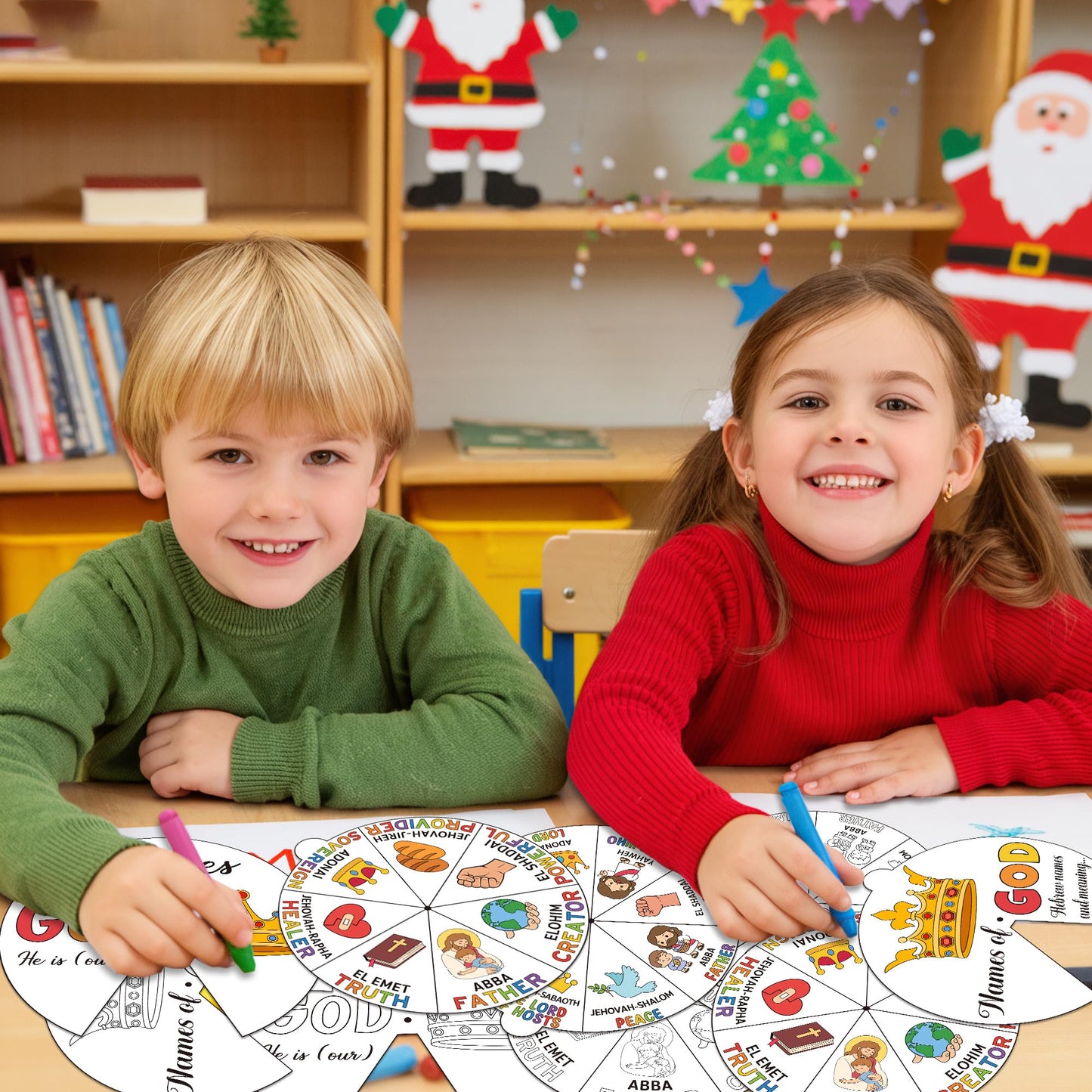 COcnny Religious Christian Craft for Kids - 24 Sets Color Your Own God’s Name Art Craft Cards, DIY Coloring God Wheel Paper Kit for Church Sunday School Home Class Bible VBS Activities