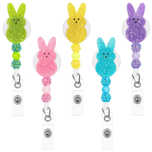 COcnny Easter Bunny Badge Reels - 5pcs Peeps Beads Glitter Retractable Acrylic Clips for Student Nurse Gift, Colorful Rabbit Beaded ID Badge Holder for Hospital School Easter Party Holiday Supplies