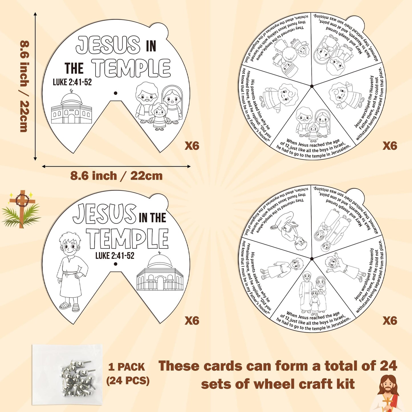 COcnny Easer Religious Coloring Craft- 24 Sets Color Your Own Christian Art Craft DIY Spining Cards for Kids, Jesus in the Temple Paper Craft Art for Sunday School Home Class Bible VBS Activities