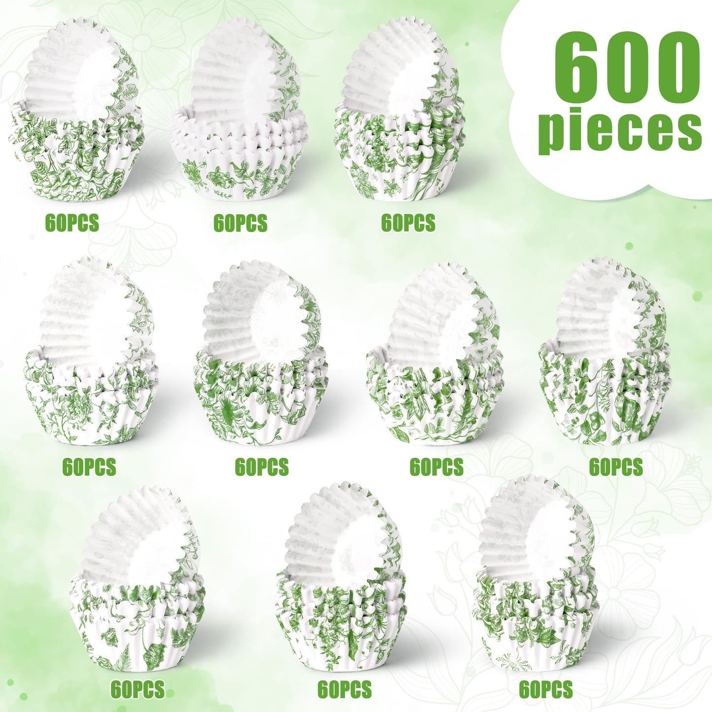COcnny Greenery Mini Cupcake Liners - 600pcs Sage Green Flower Baking Cups Muffin Paper Cupcakes Wrappers for Birthday, Candy Cake Chocolate Wrap Making Supplies for Baby Shower Birthday (10 Styles)
